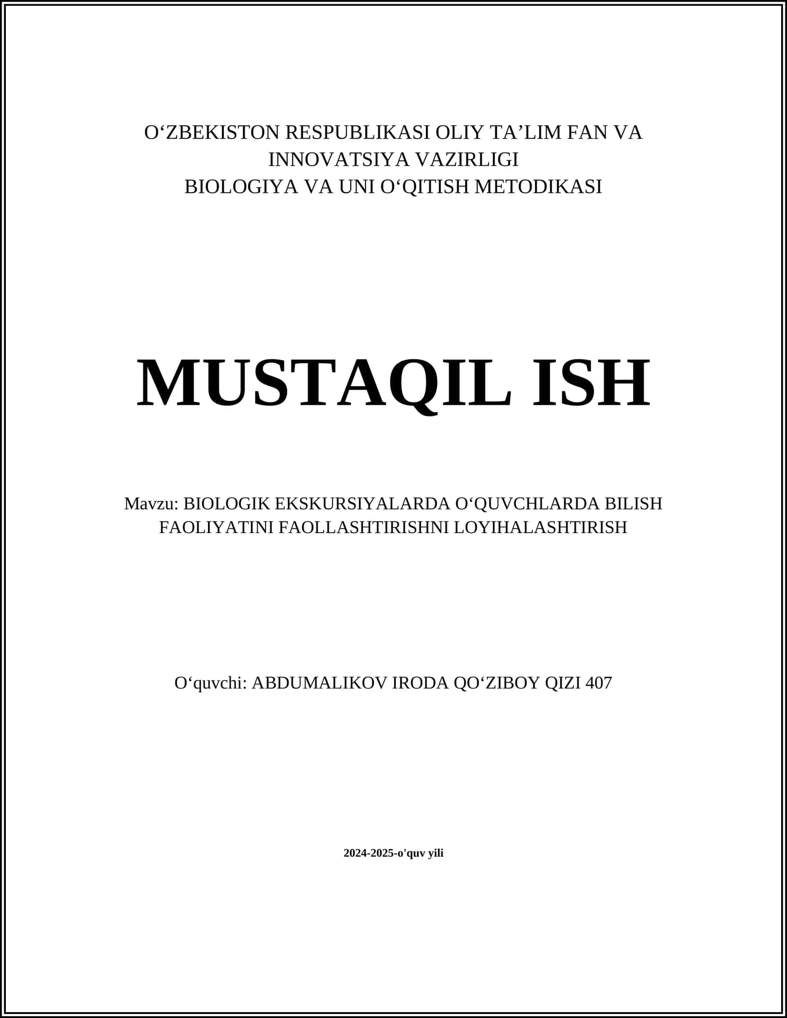 BIOLOGIK EKSKURSIYALARDA O‘QUVCHLARDA BILISH FAOLIYATINI FAOLLASHTIRISHNI LOYIHALASHTIRISH 1