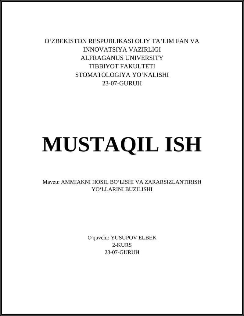AMMIAKNI HOSIL BOʻLISHI VA ZARARSIZLANTIRISH YOʻLLARINI BUZILISHI 1