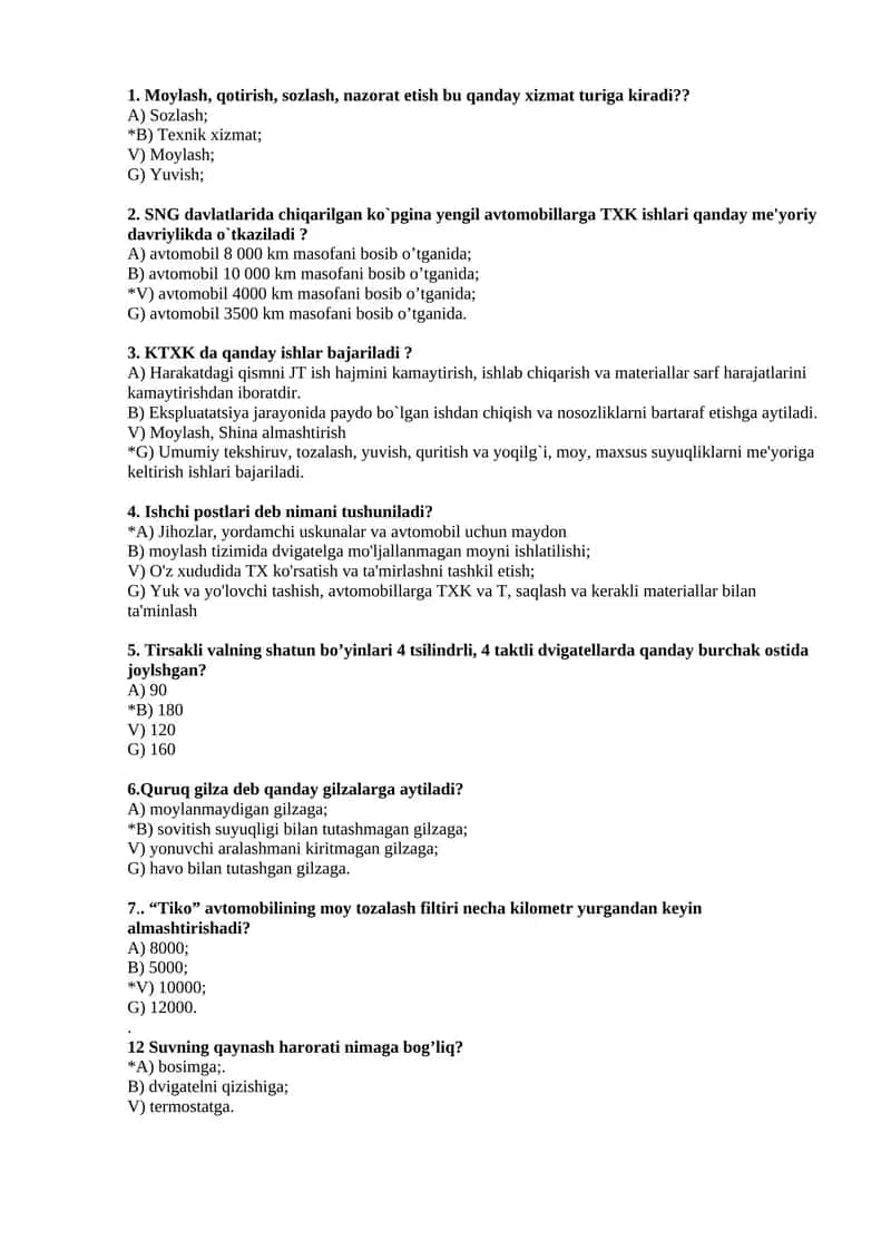 2026 Avtomobillar tuzilishi fanidan testlar to'plami javobi bilan 1