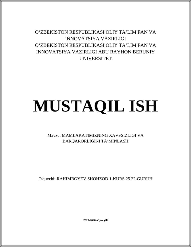 MAMLAKATIMIZNING XAVFSIZLIGI VA BARQARORLIGINI TAʼMINLASH 1
