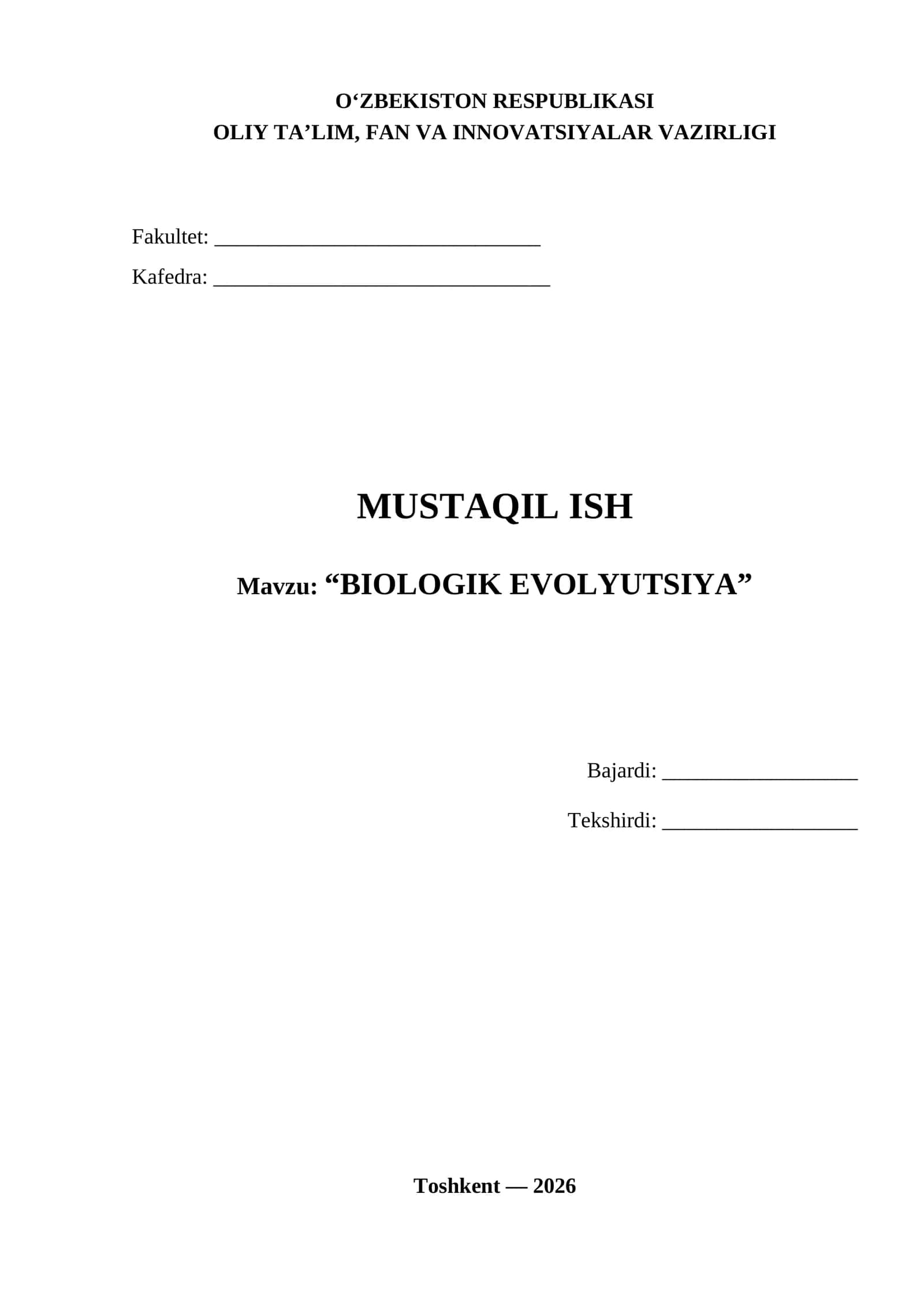 BIOLOGIK EVOLUTSIYA MUSTAQIL ISH 1