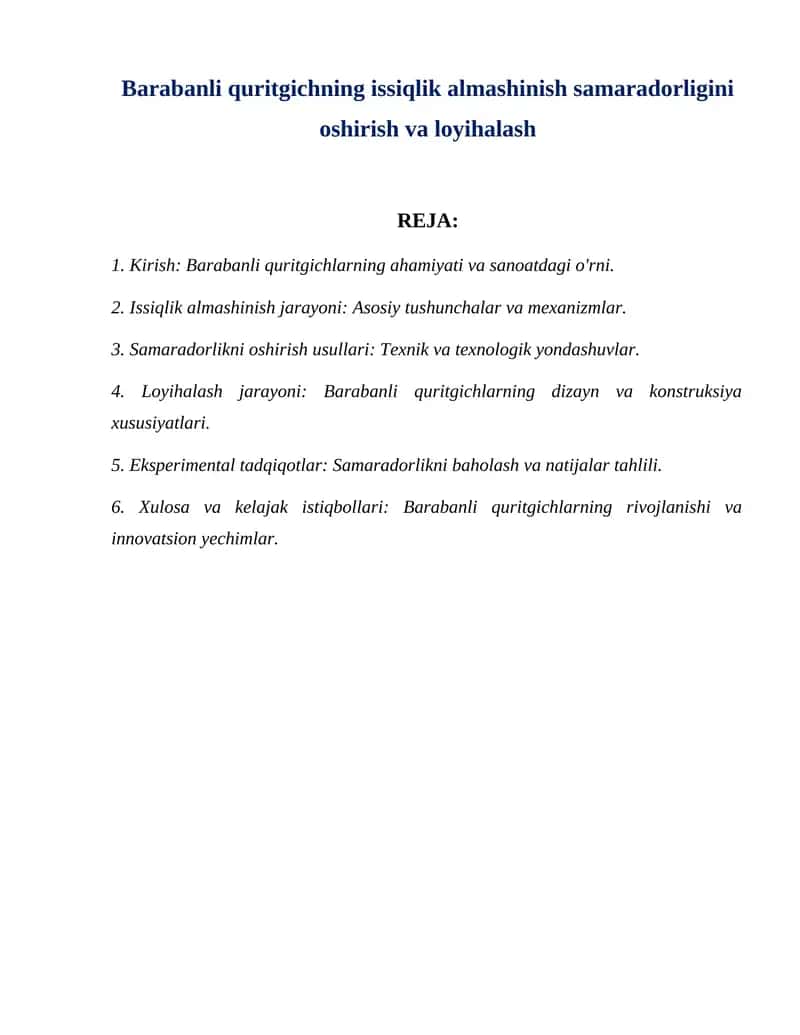 Barabanli quritgichning issiqlik almashinish samaradorligini oshirish va loyihalash 1