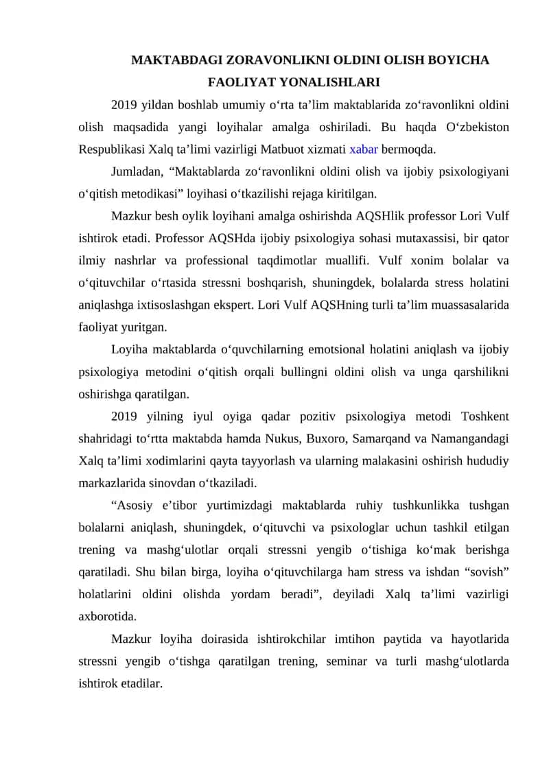 Maktablarda zo‘ravonlikni oldini olish va ijobiy psixologiyani o‘qitish metodikasi 1