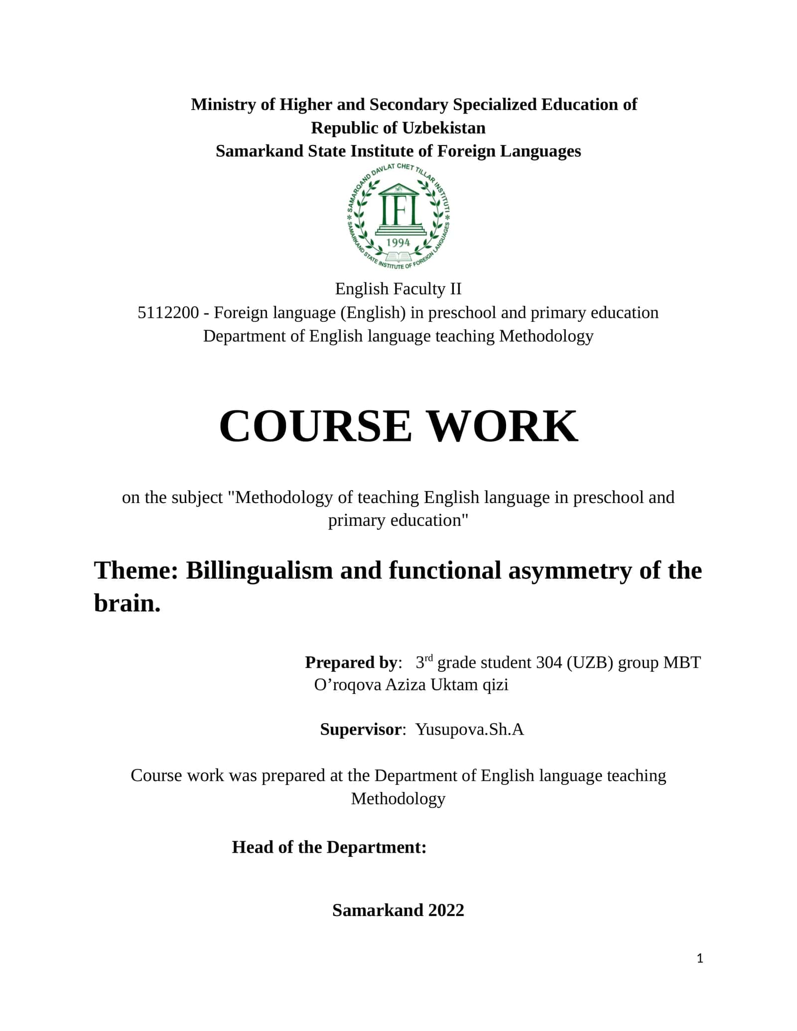 Foreign language (English) in preschool and primary education 1
