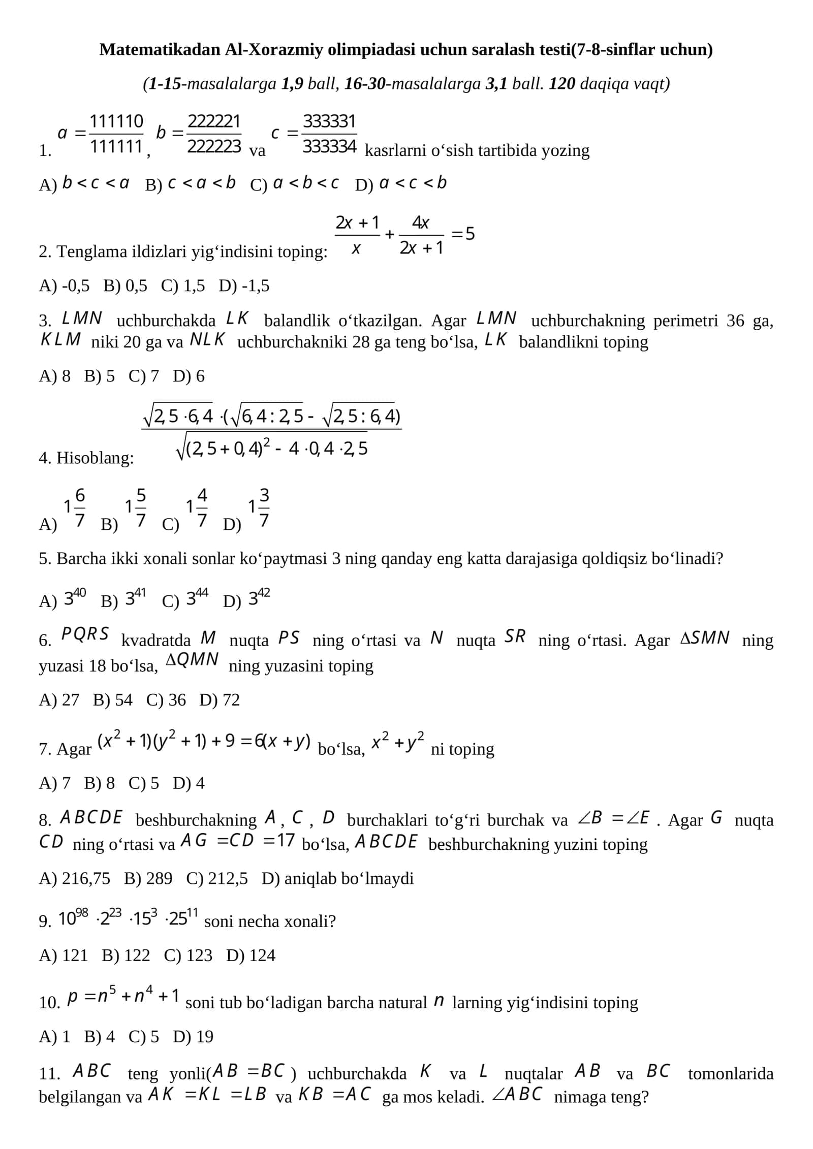 Matematikadan Al-Xorazmiy olimpiadasi uchun saralash testi(7-8-sinflar uchun) 1