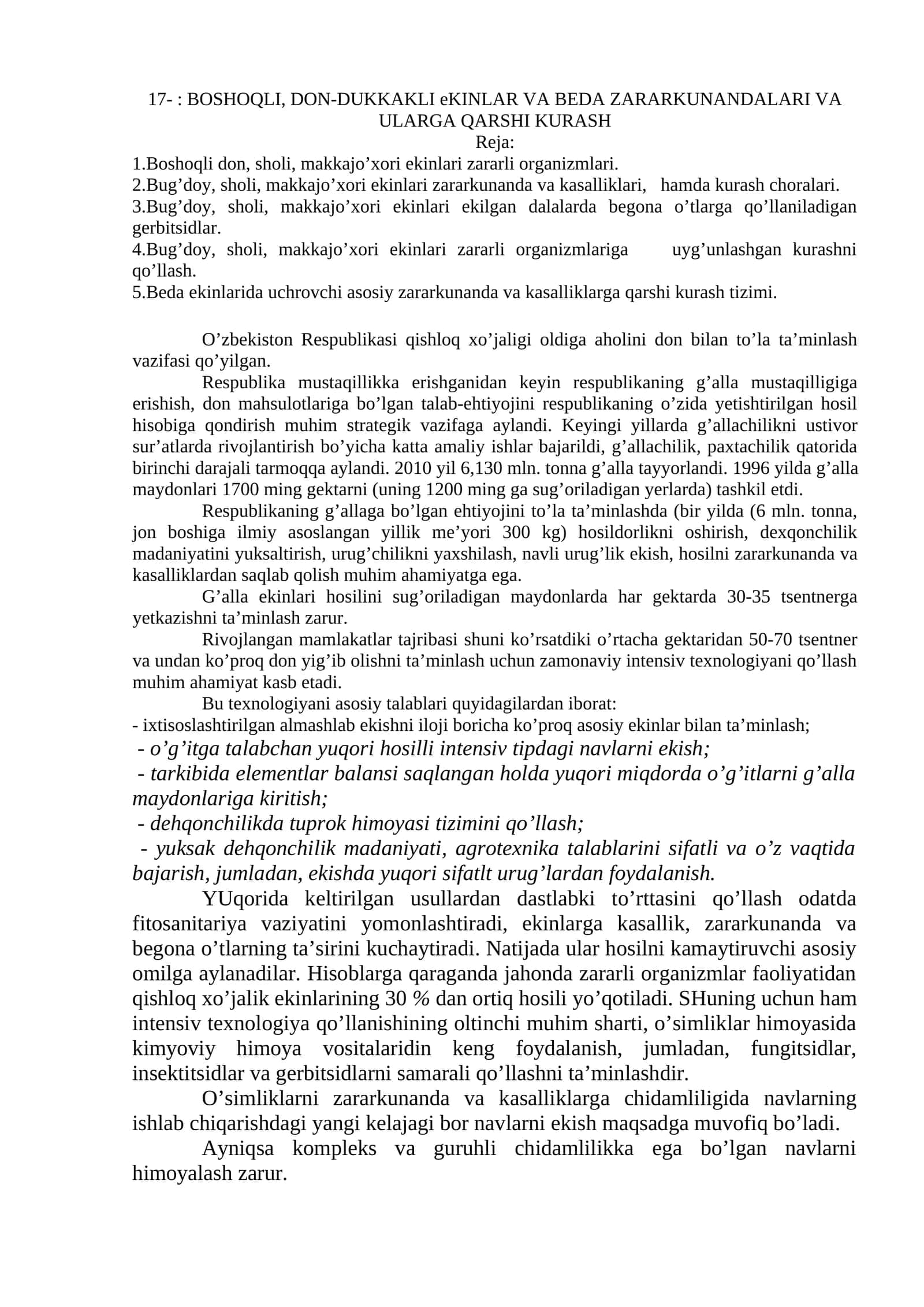 BOSHOQLI, DON-DUKKAKLI eKINLAR VA BEDA ZARARKUNANDALARI VA ULARGA QARSHI KURASH 1