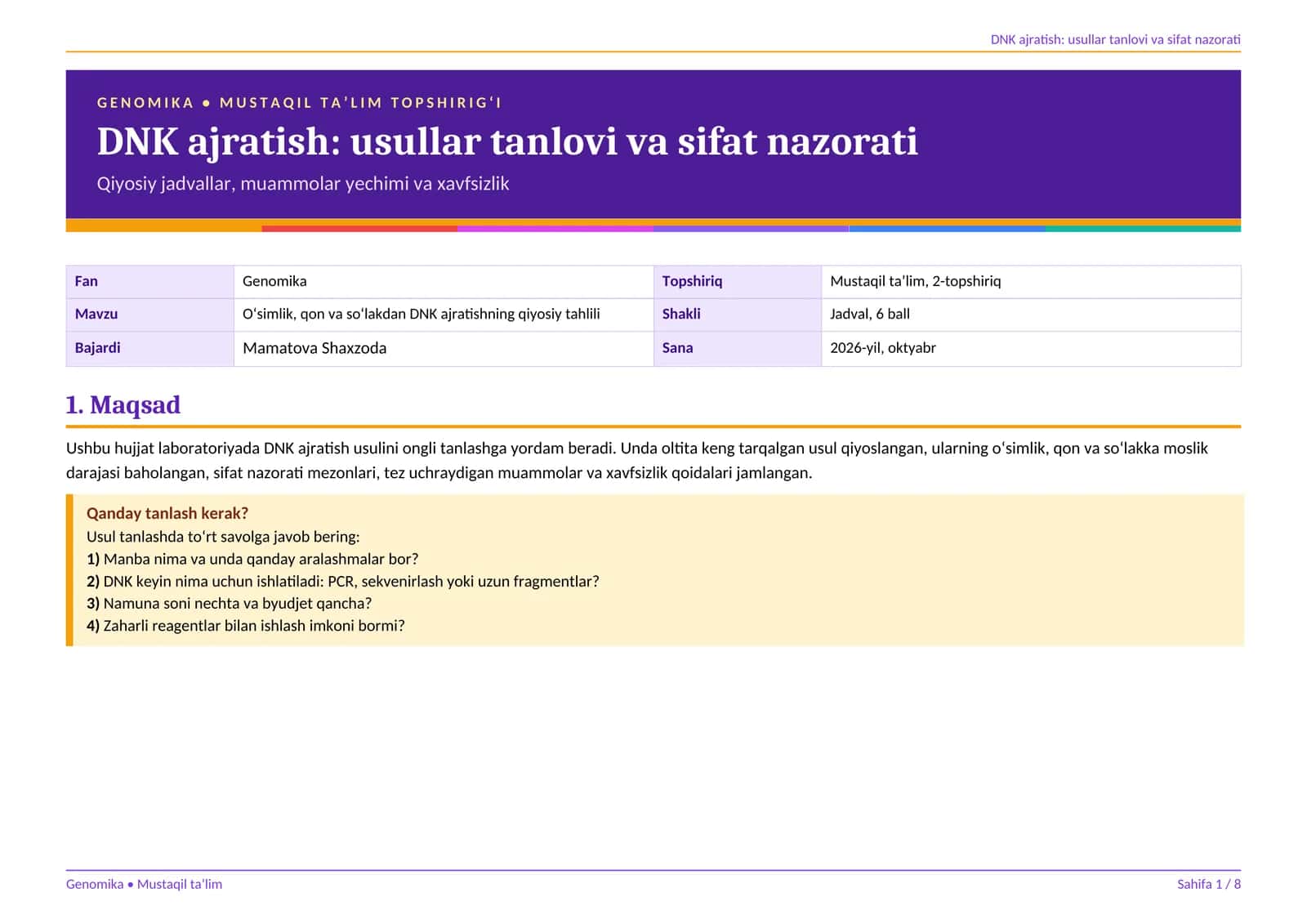 O‘simlik, qon va so‘lakdan DNK ajratishning qiyosiy tahlili 1