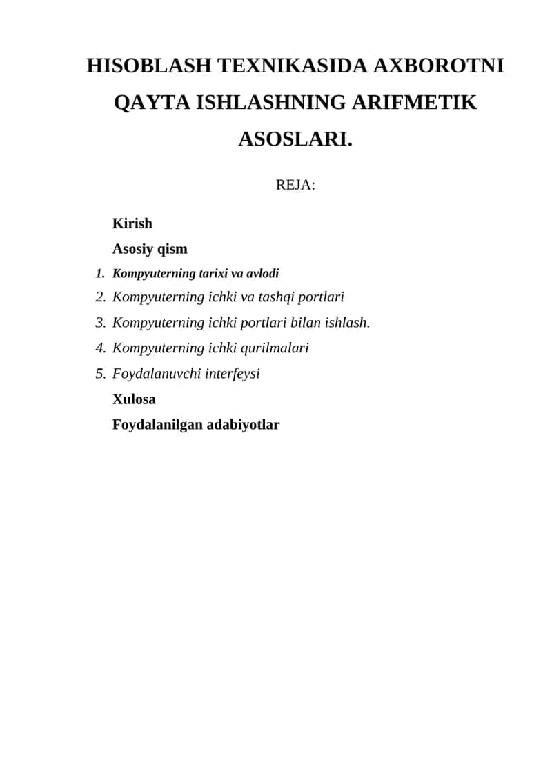 Axborotni qayta ishlashning arifmetik asoslari 1