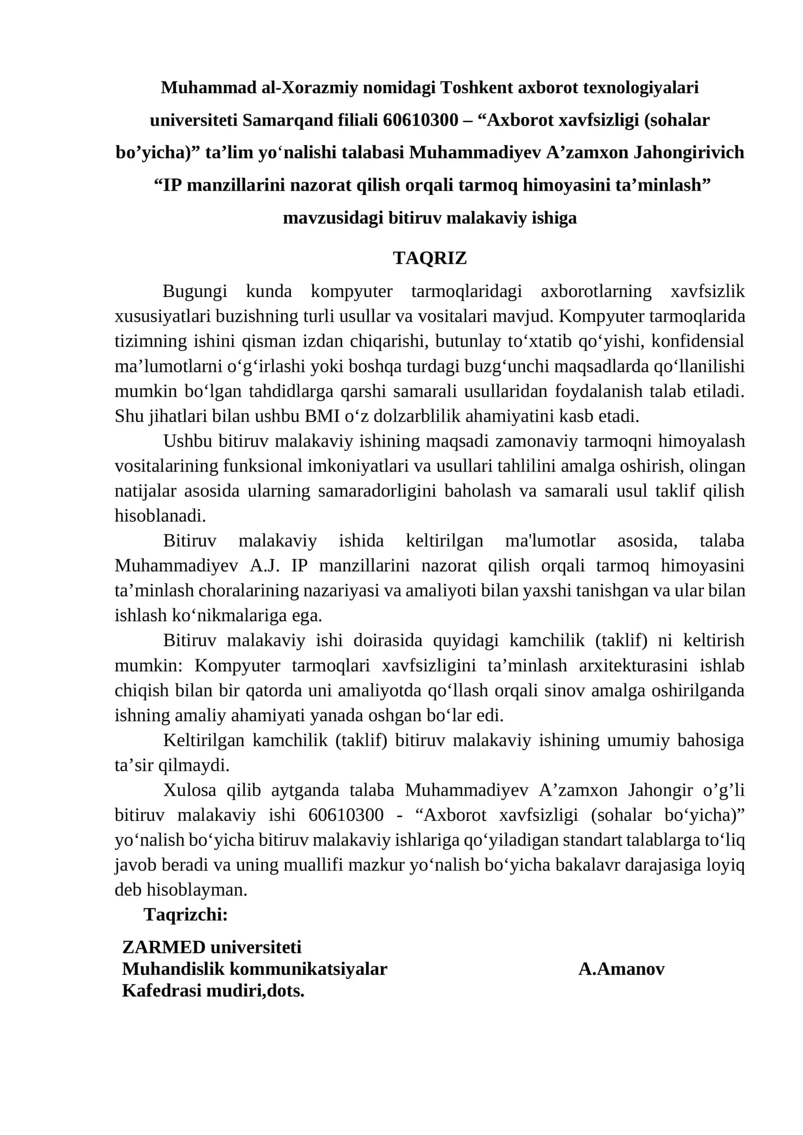 “IP manzillarini nazorat qilish orqali tarmoq himoyasini ta’minlash” mavzusidagi bitiruv malakaviy ishiga 1