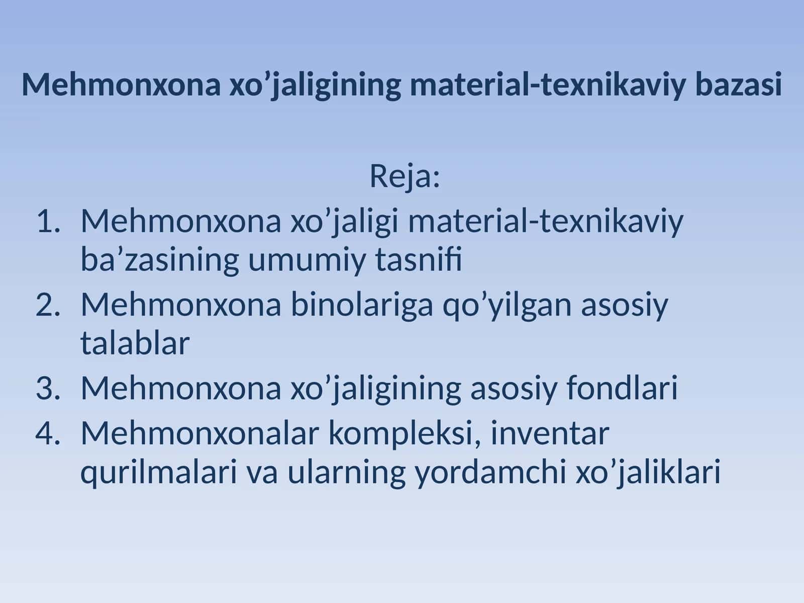 Mehmonxona xo’jaligining matеrial-tеxnikaviy bazasi 1