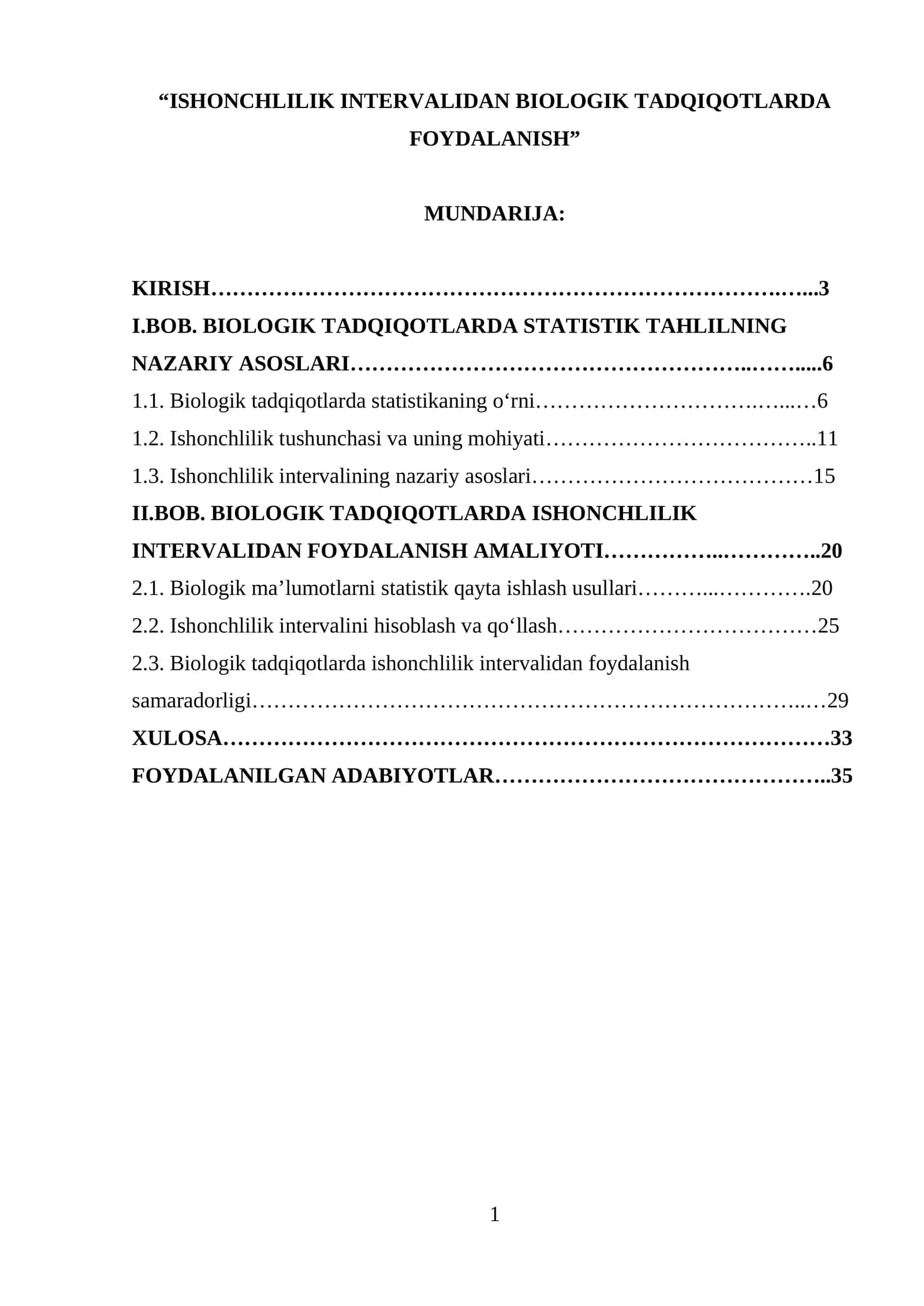 ISHONCHLILIK INTERVALIDAN BIOLOGIK TADQIQOTLARDA FOYDALANISH 1