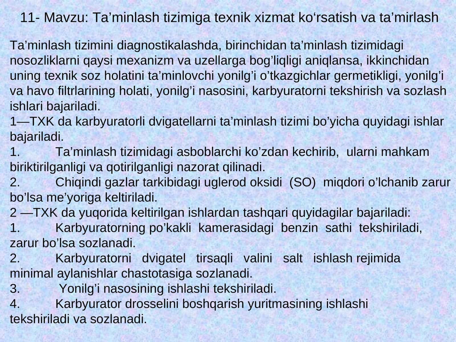 TXK da karbyuratorli dvigatellarni ta’minlash tizimi bo’yicha 1