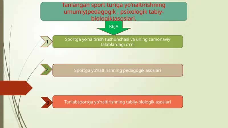 Tanlangan sport turiga yoʻnaltirishning umumiy(pedagogik , psixologik tabiy-biologik)asoslari. 1