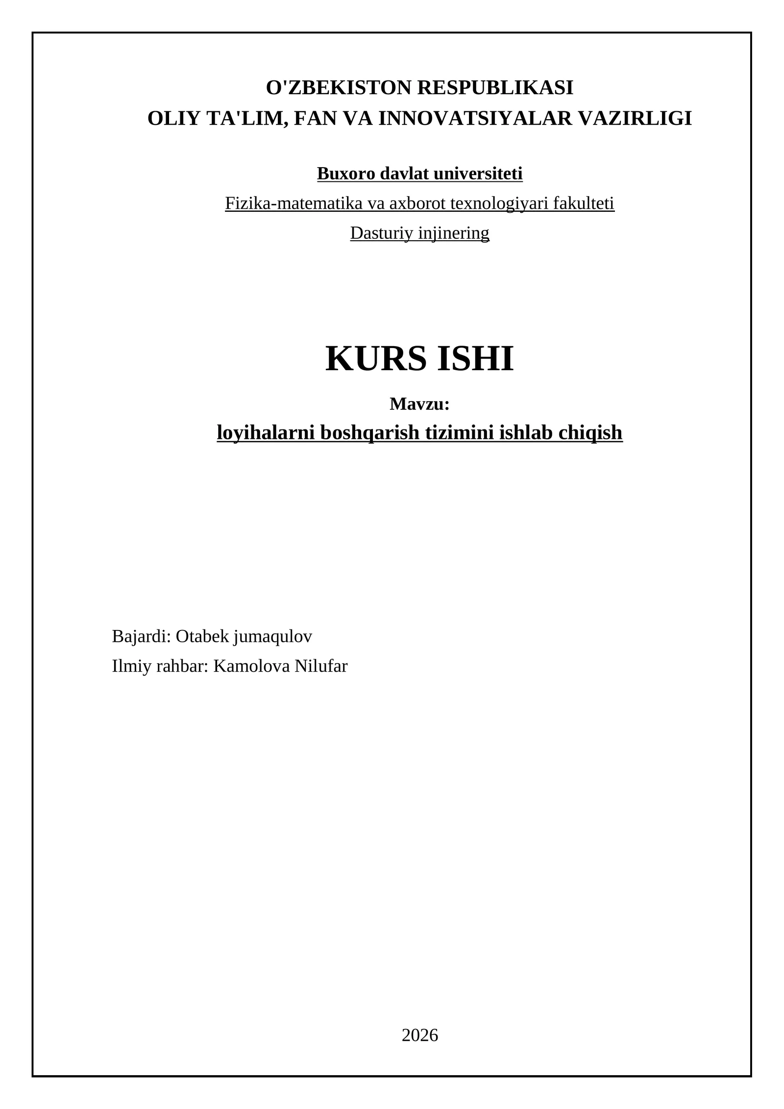 loyihalarni boshqarish tizimini ishlab chiqish 1