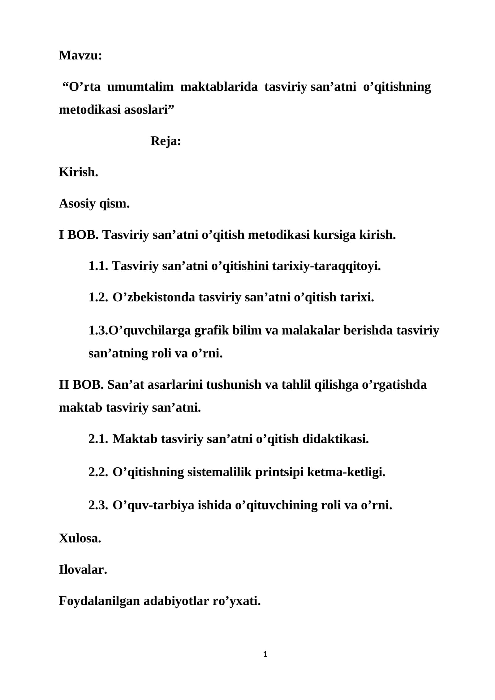 O’rta umumtalim maktablarida tasviriy san’atni o’qitishning metodikasi asoslari Bitiruv malakaviy sihi 1