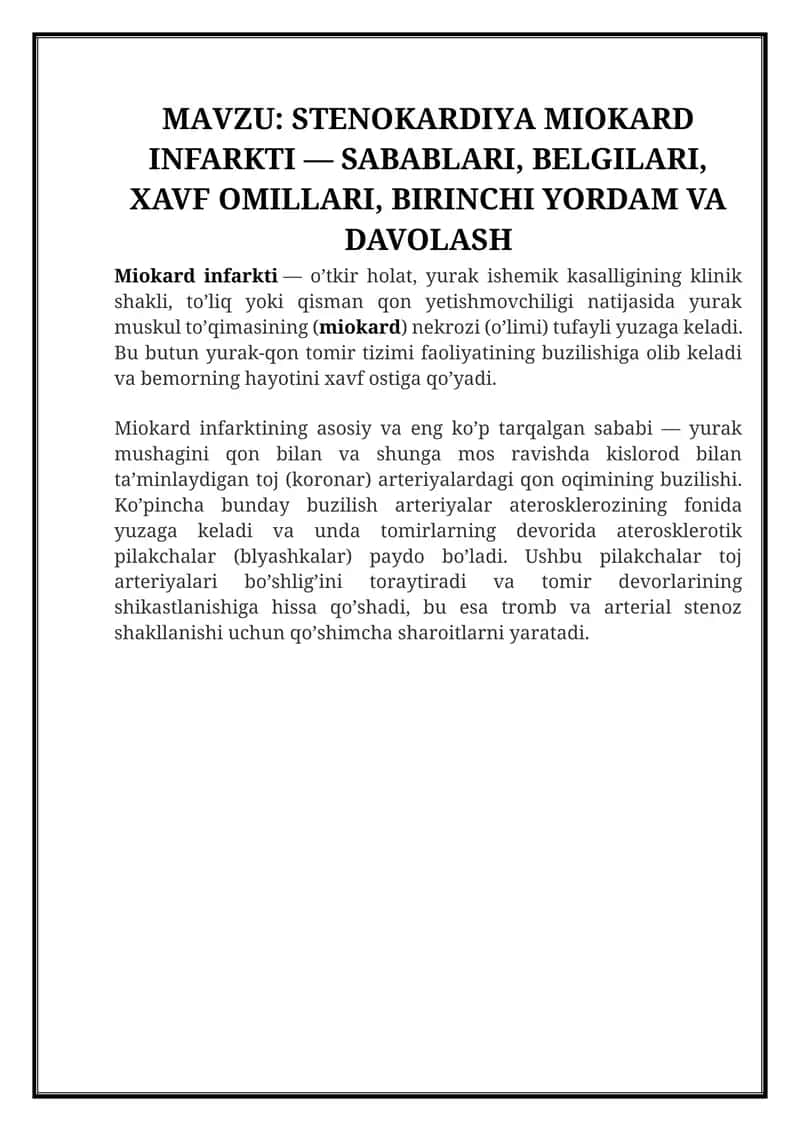 STENOKARDIYA MIOKARD INFARKTI — SABABLARI, BELGILARI, XAVF OMILLARI, BIRINCHI YORDAM VA DAVOLASH 1