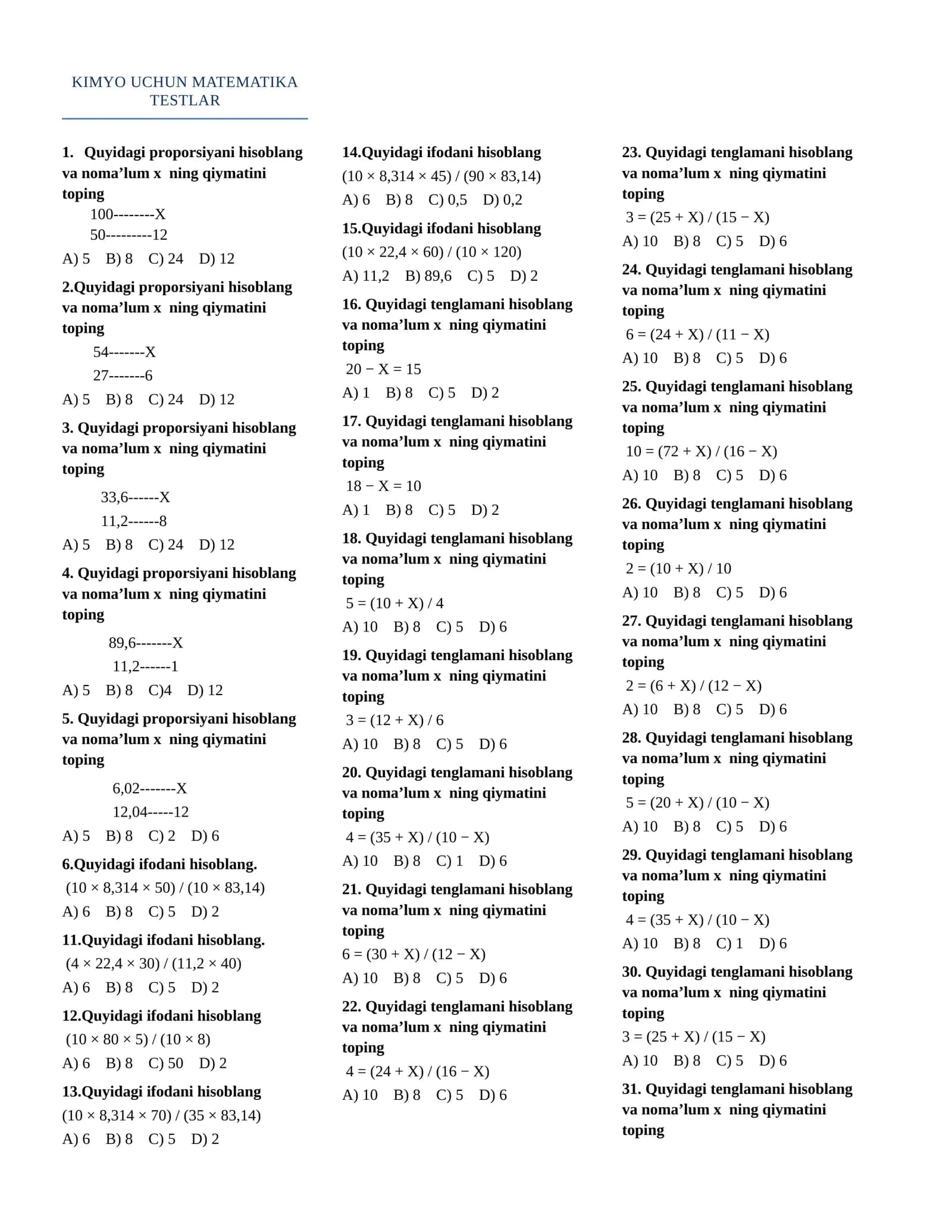 kimyo uchun matematika 50 ta test. 1