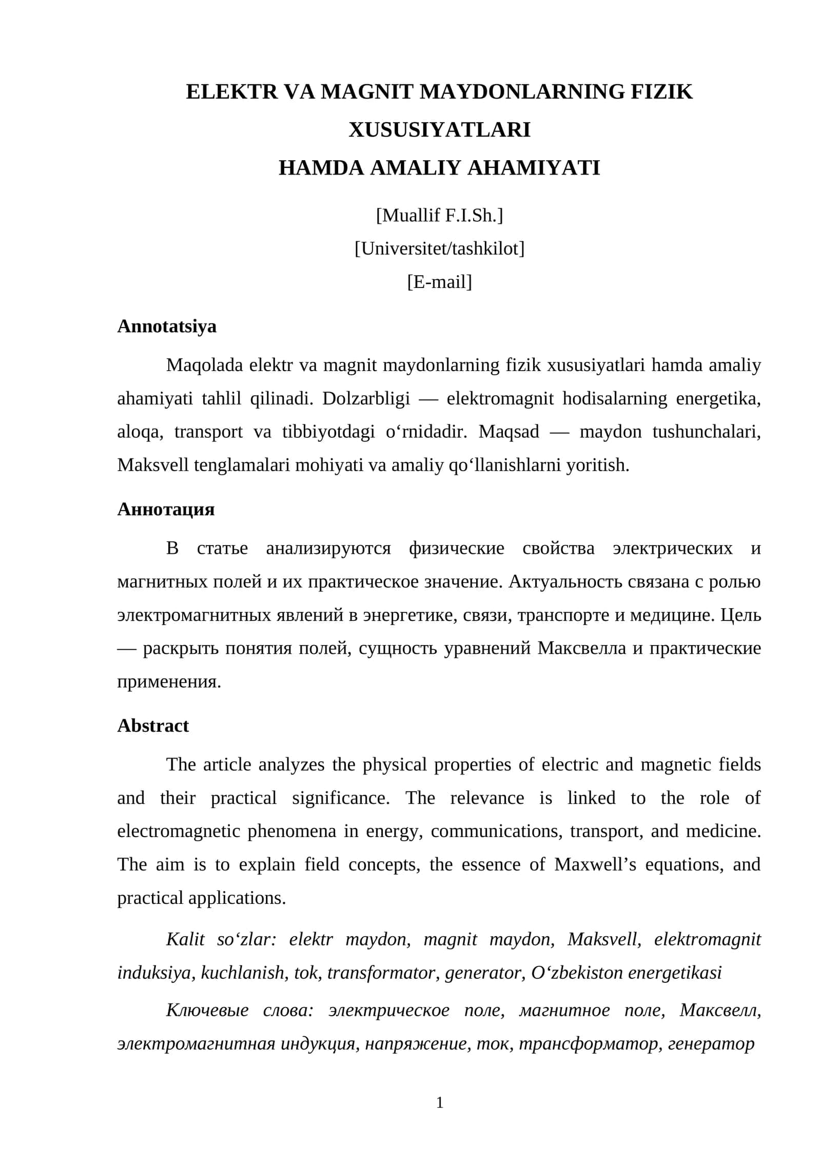ELEKTR VA MAGNIT MAYDONLARNING FIZIK XUSUSIYATLARI HAMDA AMALIY AHAMIYATI 1