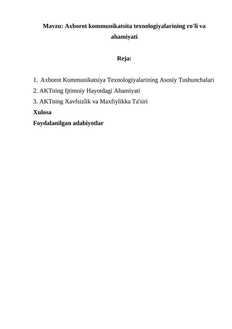 Axborot kommunikatsita texnologiyalarining ro'li va ahamiyati 1