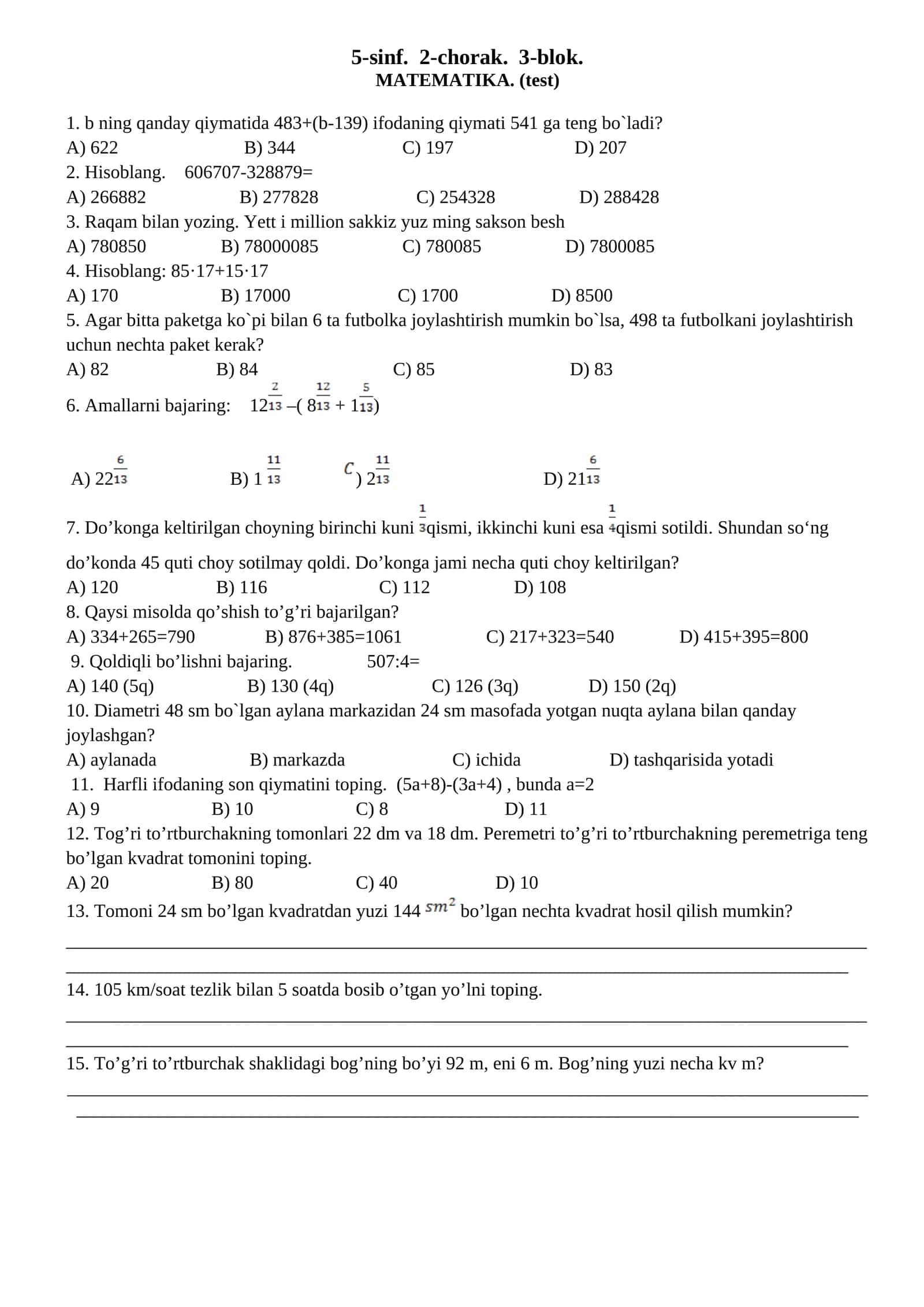 5-sinf. 2-chorak. 3-blok. MATEMATIKA. (test) 1