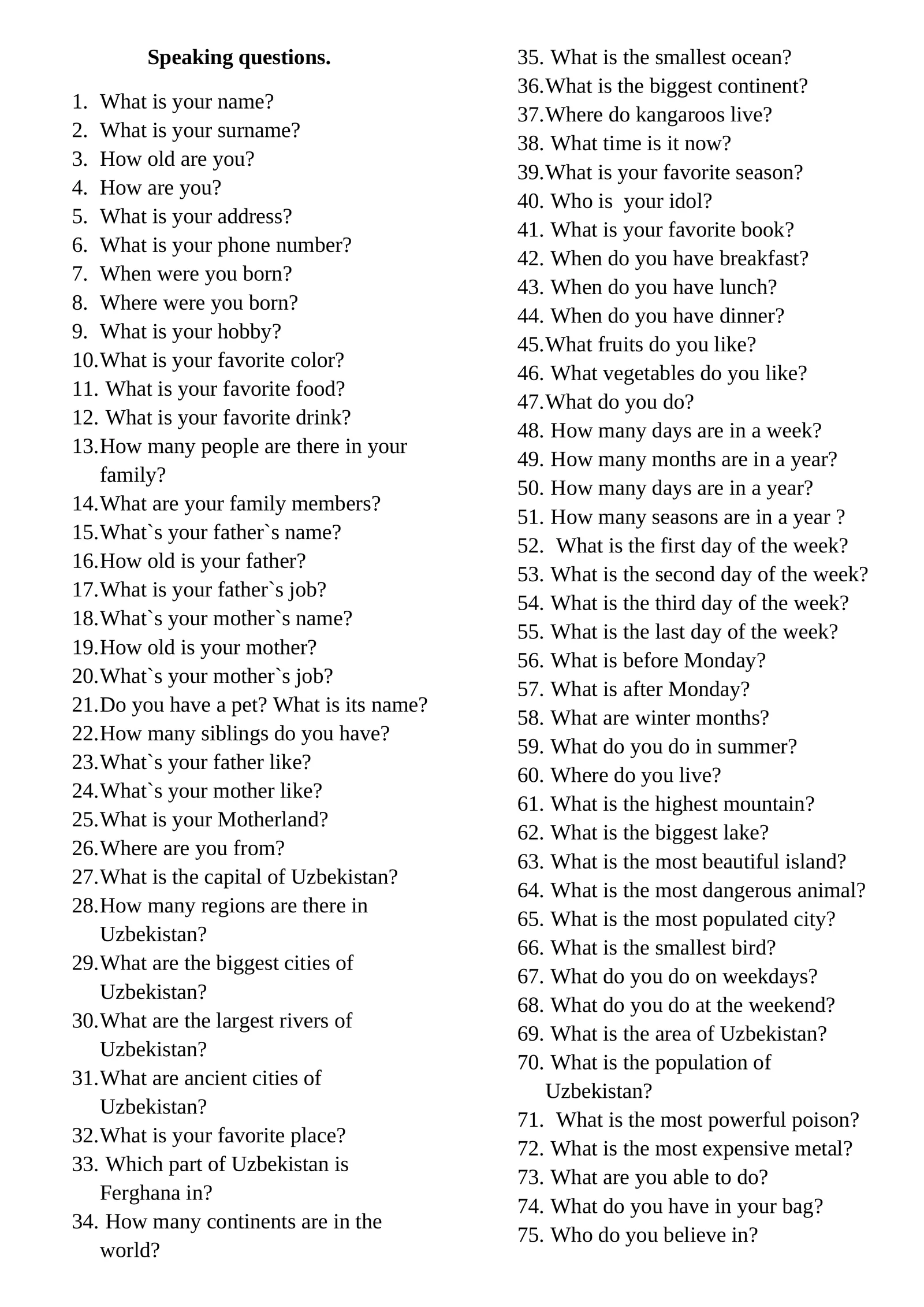 Speaking Questions 1