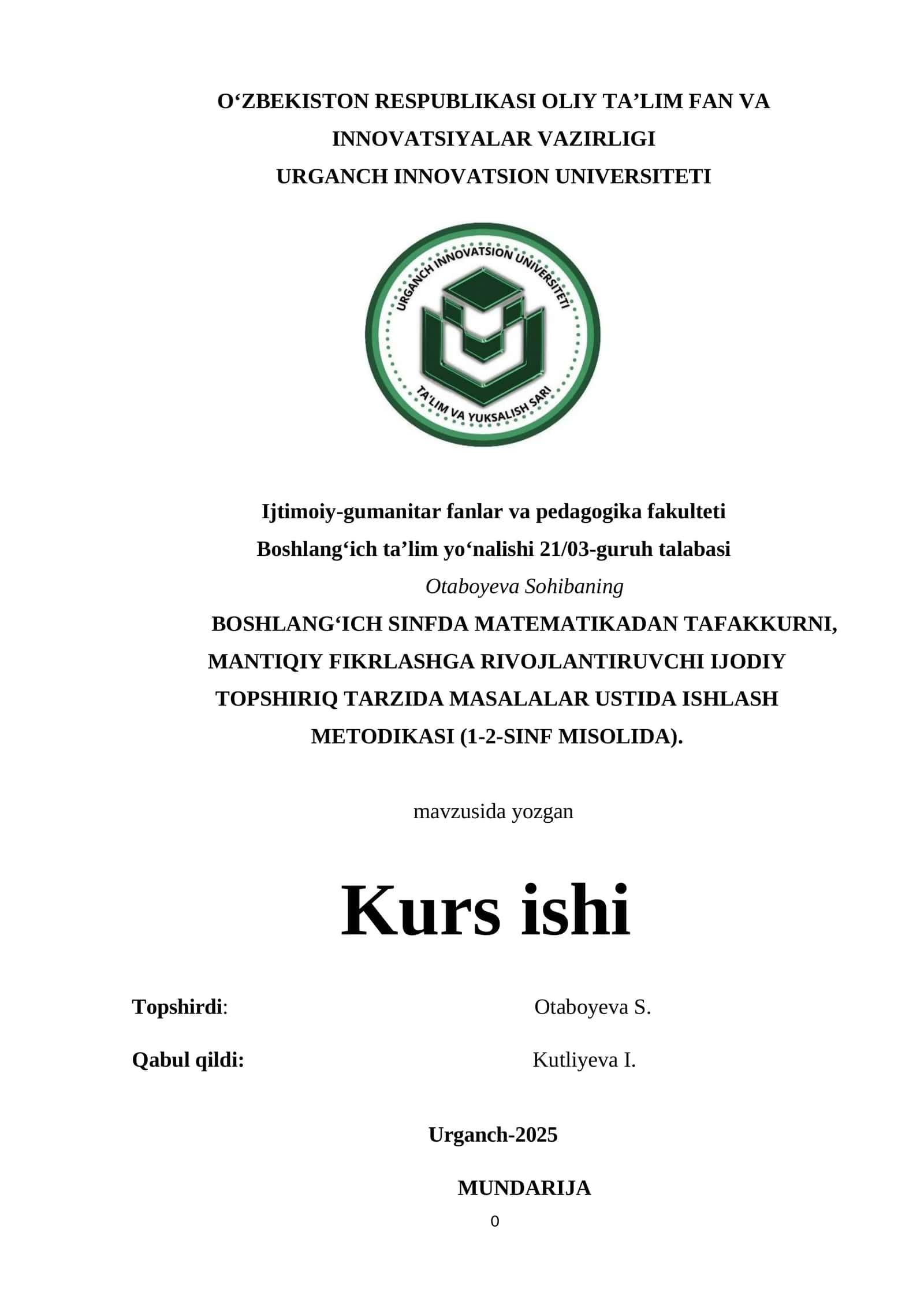 BOSHLANG‘ICH SINFDA MATEMATIKADAN TAFAKKURNI, MANTIQIY FIKRLASHGA RIVOJLANTIRUVCHI IJODIY TOPSHIRIQ TARZIDA MASALALAR USTIDA ISHLASH METODIKASI (1-2-SINF MISOLIDA) 1