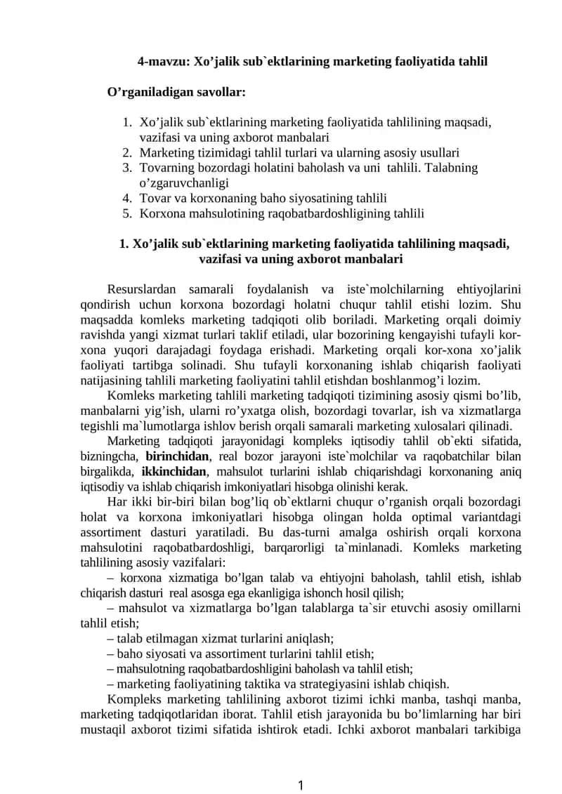 Xo’jalik sub`ektlarining marketing faоliyatida tahlil 1