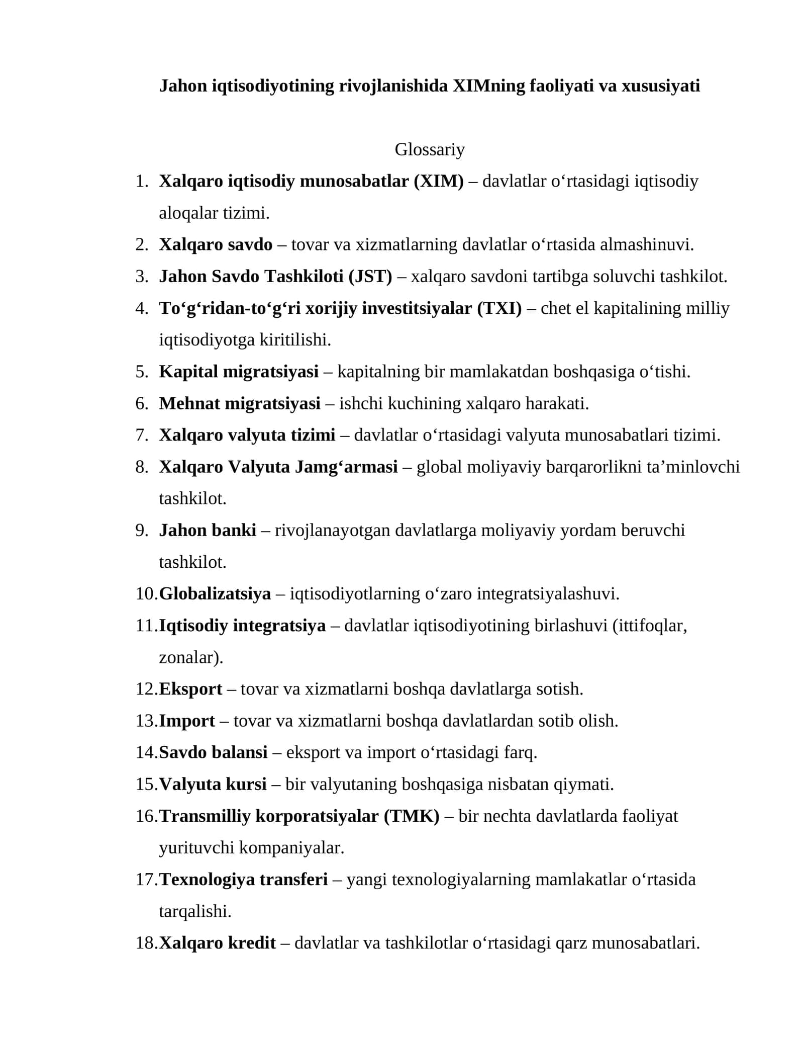 Jahon iqtisodiyotining rivojlanishida XIMning faoliyati va xususiyati 1