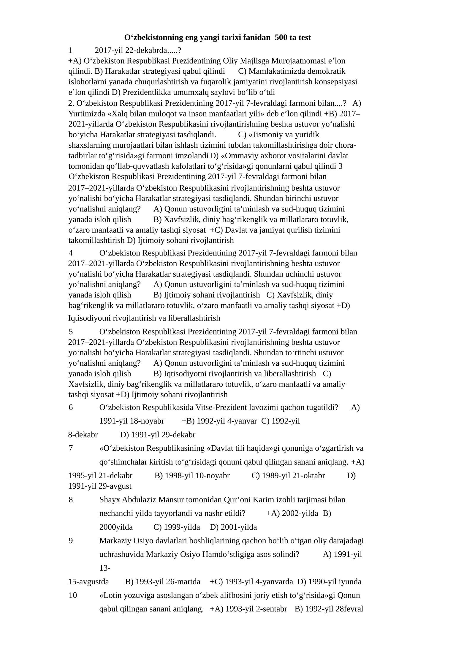 O‘zbekistonning eng yangi tarixi fanidan 500 ta test 1
