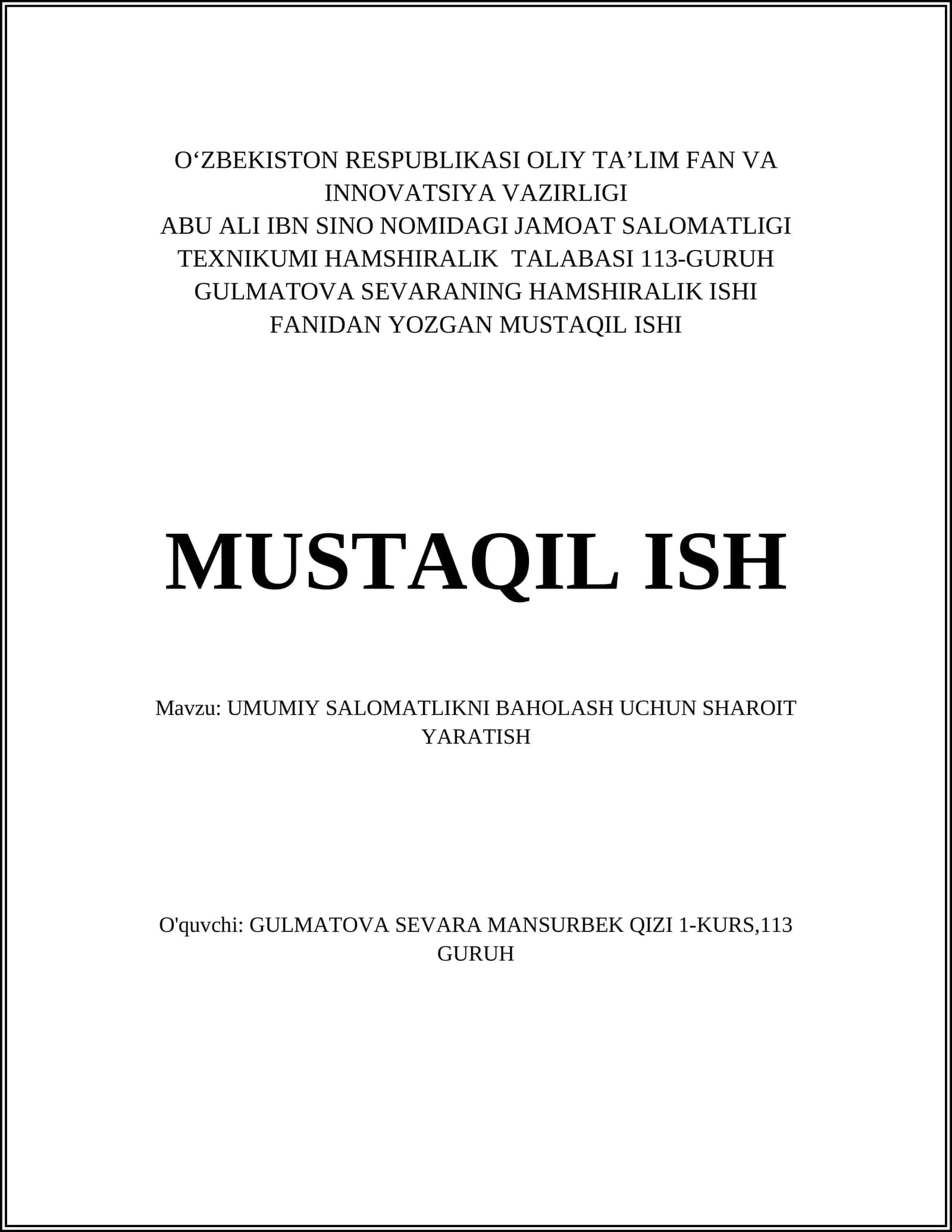 UMUMIY SALOMATLIKNI BAHOLASH UCHUN SHAROIT YARATISH 1