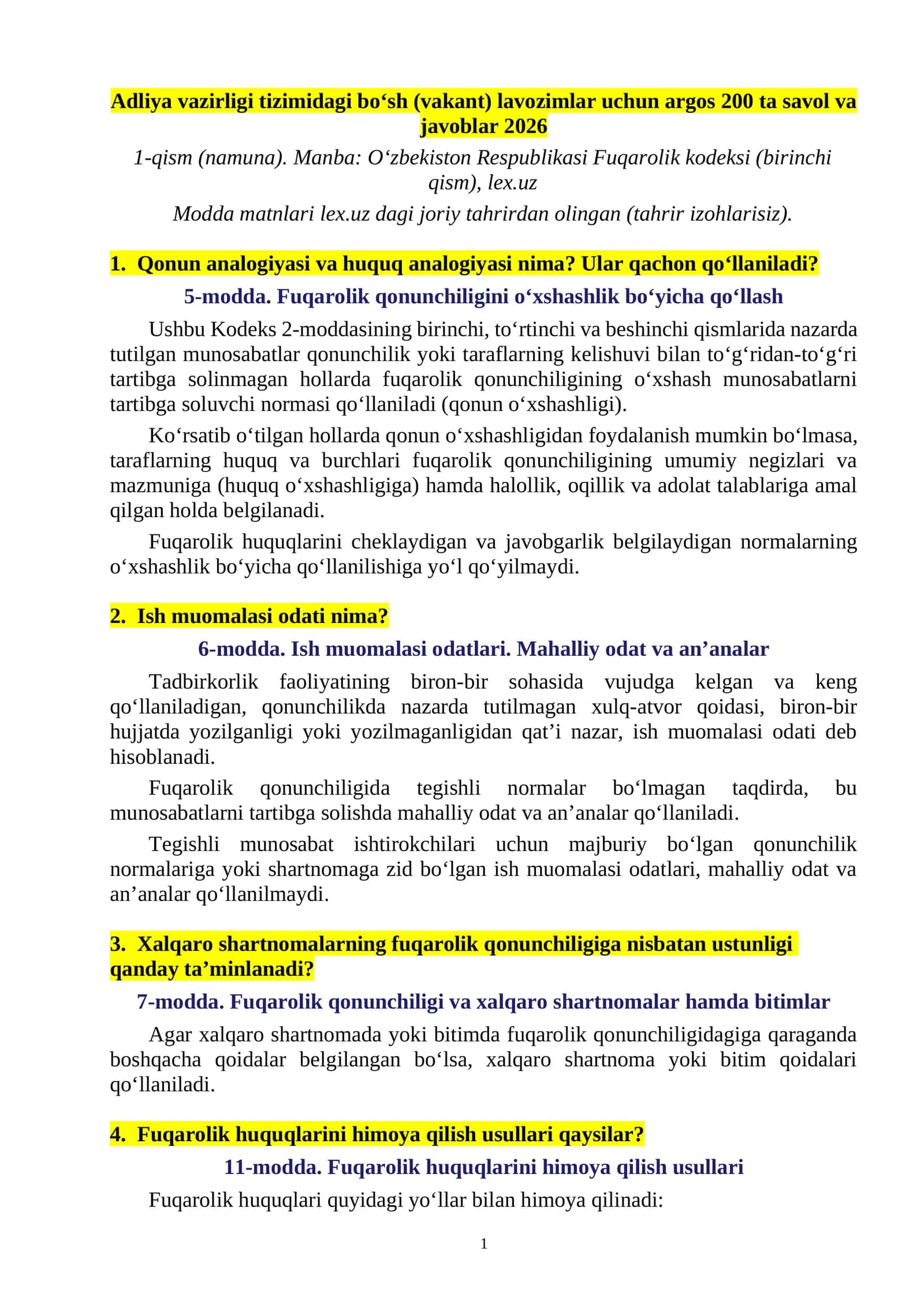 Adliya vazirligi tizimidagi bo‘sh lavozimlar uchun argos 200 ta savol va javoblar 1