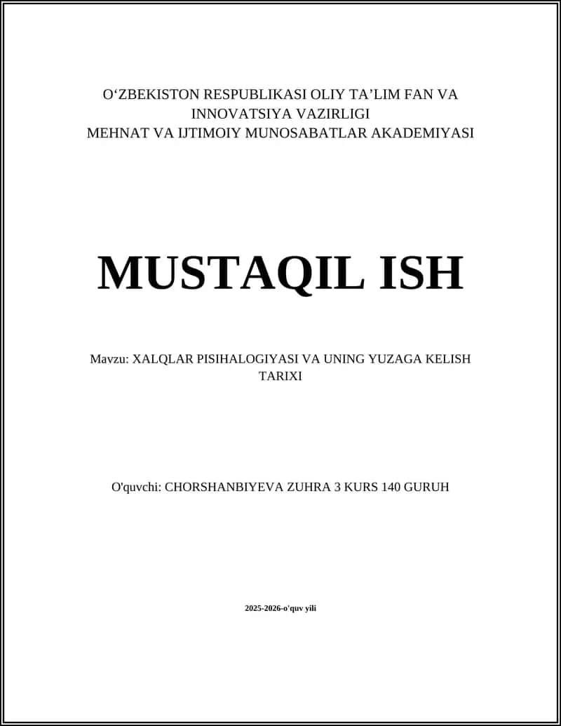 XALQLAR PISIHALOGIYASI VA UNING YUZAGA KELISH TARIXI 1