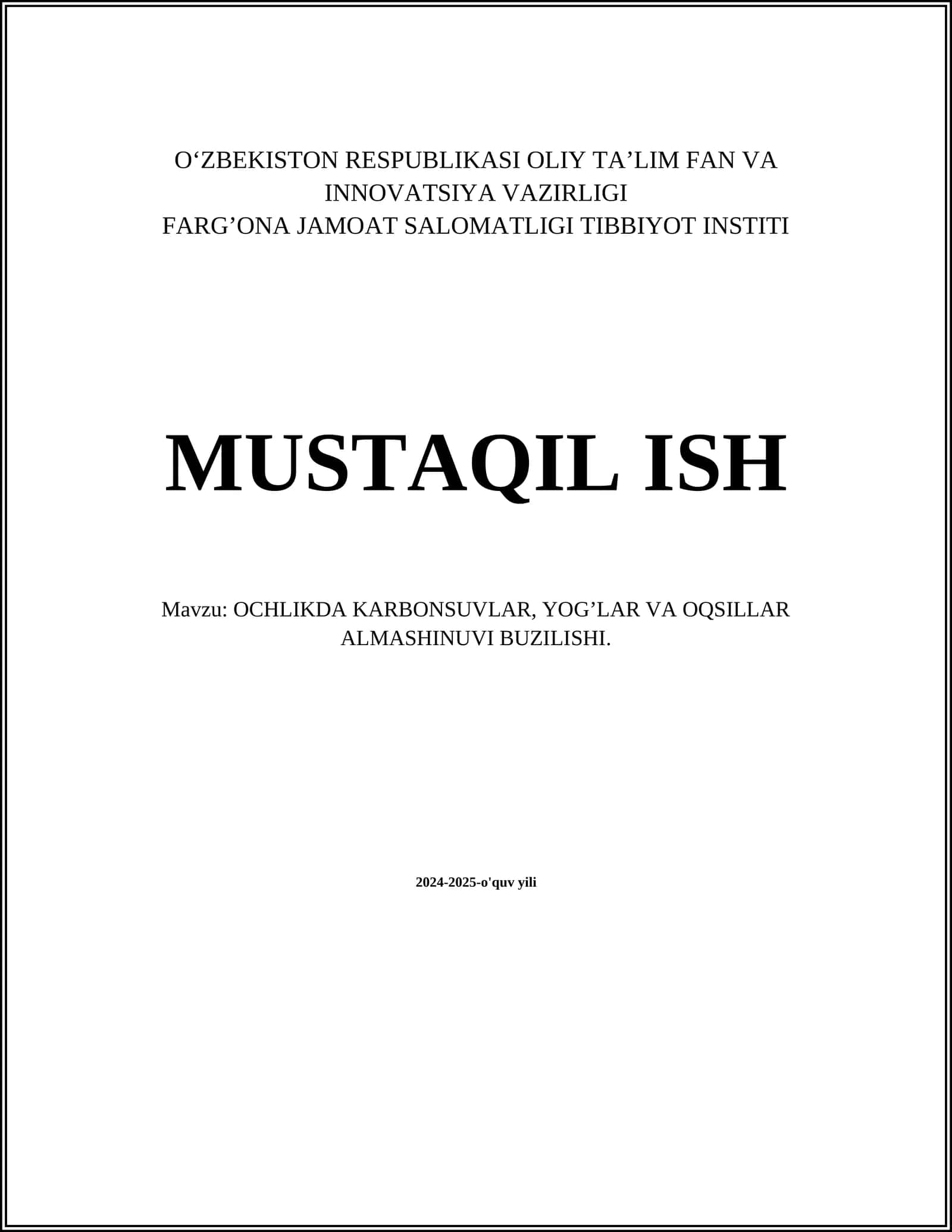 OCHLIKDA KARBONSUVLAR, YOG’LAR VA OQSILLAR ALMASHINUVI BUZILISHI 1