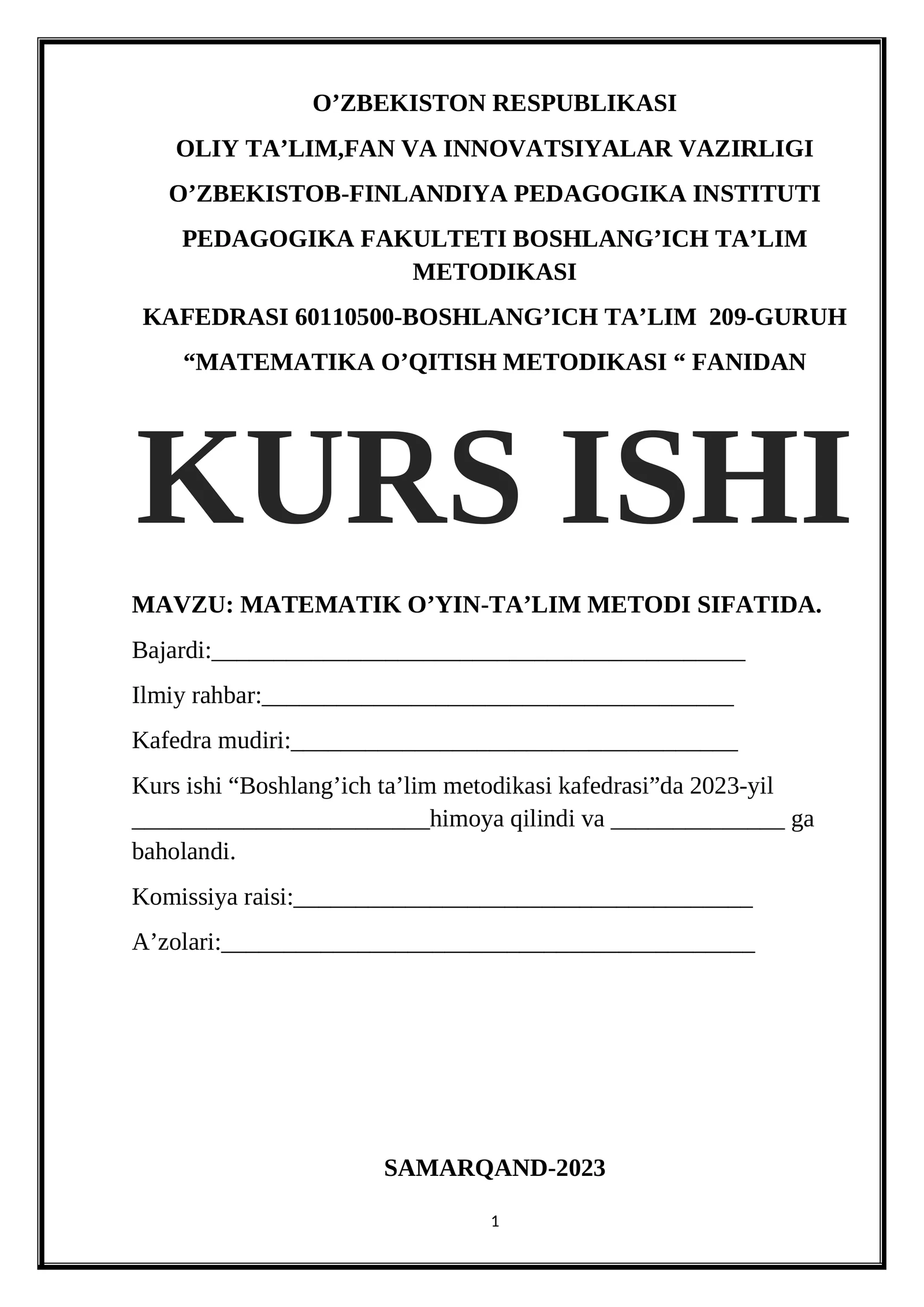 MATEMATIKA O’QITISH METODIKASI 1