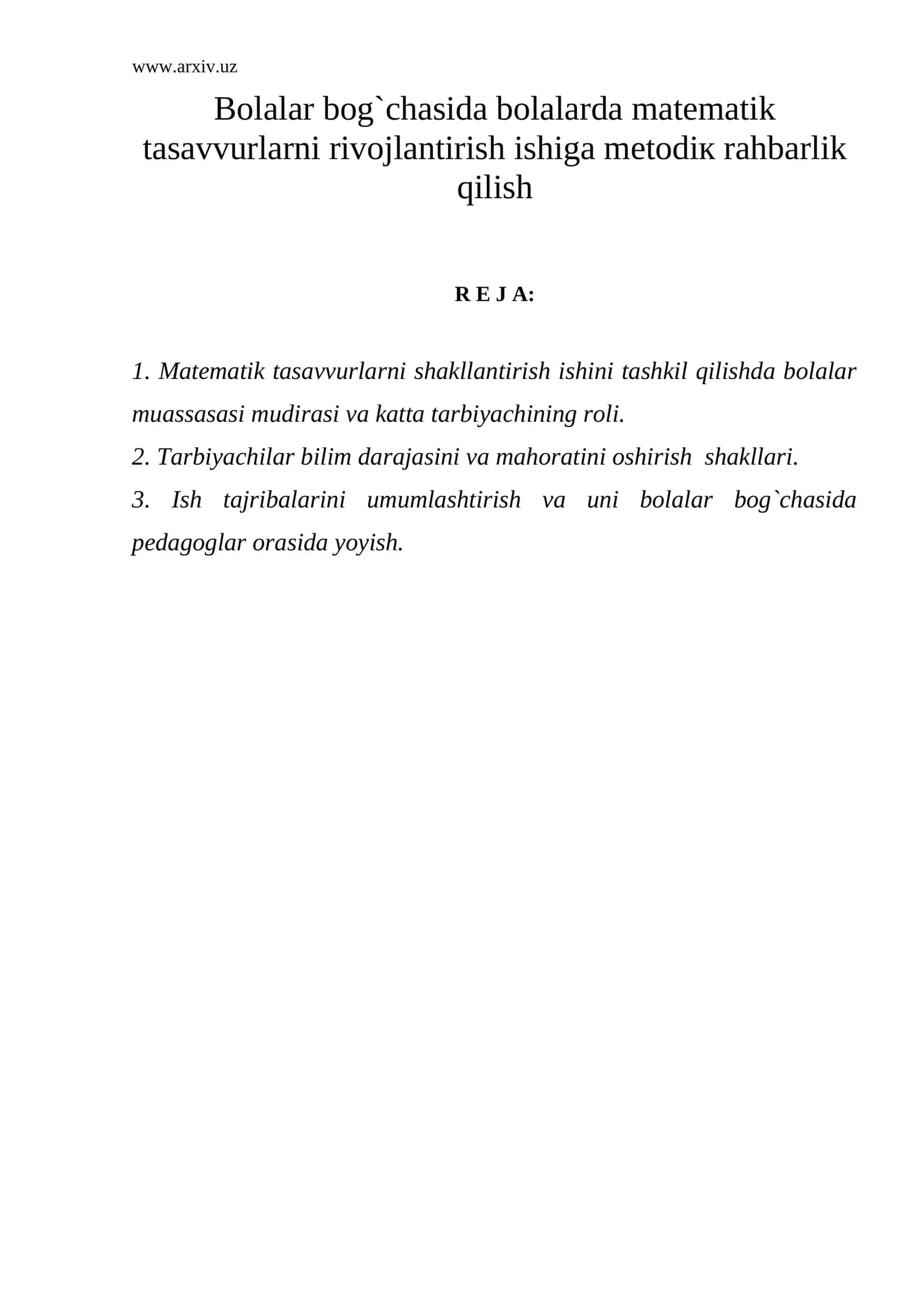 Bolalar bog`chasida bolalarda matematik tasavvurlarni rivojlantirish ishiga metodiк rahbarlik qilish 1