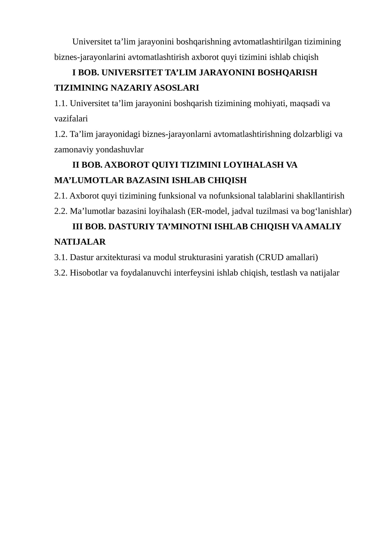 Universitet ta’lim jarayonini boshqarishning avtomatlashtirilgan tizimining biznes-jarayonlarini avtomatlashtirish axborot quyi tizimini ishlab chiqish 1