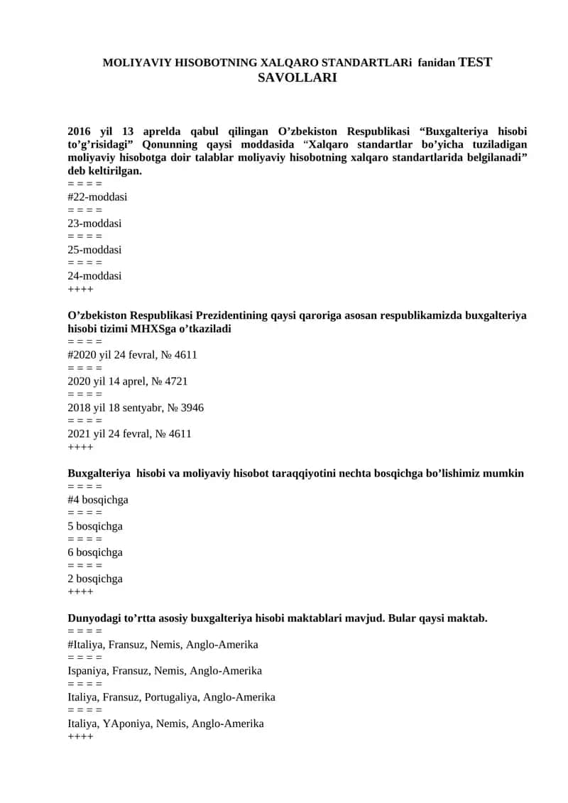 MOLIYAVIY HISOBOTNING XALQARO STANDARTLARi fanidan TEST SAVOLLARI 1