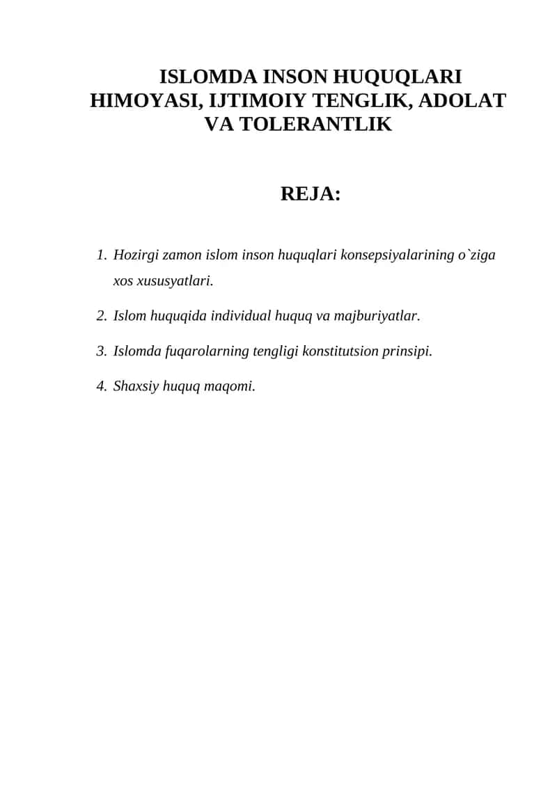 ISLOMDA INSON HUQUQLARI HIMOYASI, IJTIMOIY TENGLIK, ADOLAT VA TOLERANTLIK 1