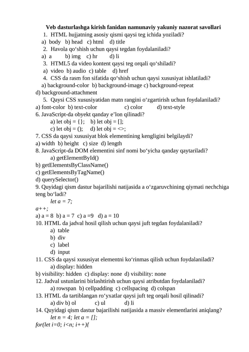 Veb dasturlashga kirish fanidan namunaviy yakuniy nazorat savollari 1