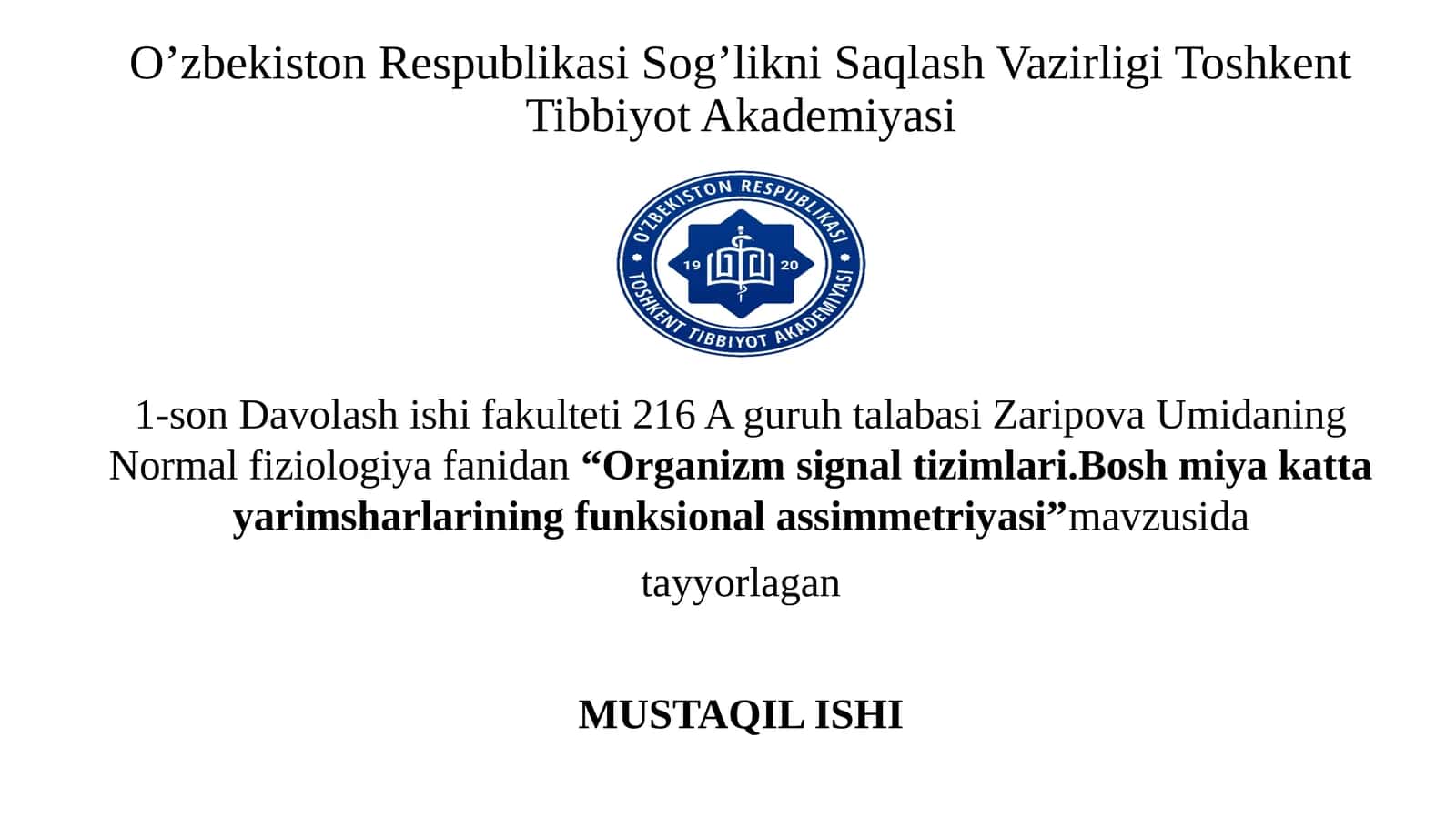 Organizm signal tizimlari. Boshmiyak attayorim sharlarining funksional assimmetriyasi 1