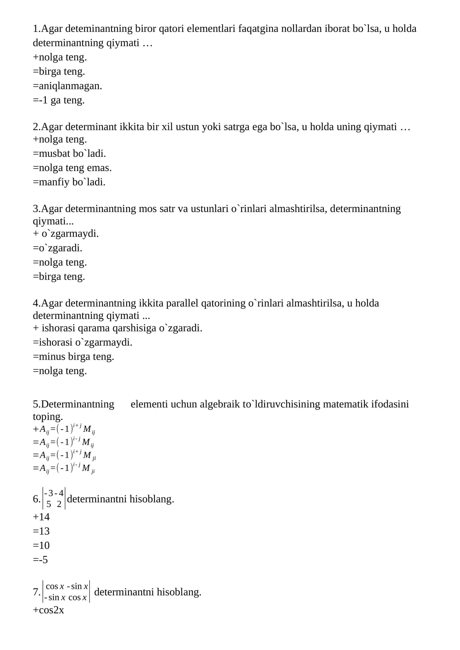 Matritsalar va determinantlar test savollari 1