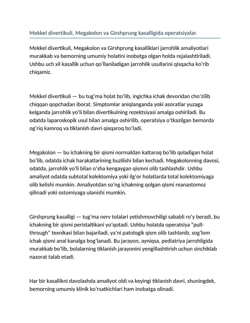Mekkel divertikuli, Megakolon va Girshprung kasalligida operatsiyalar 1