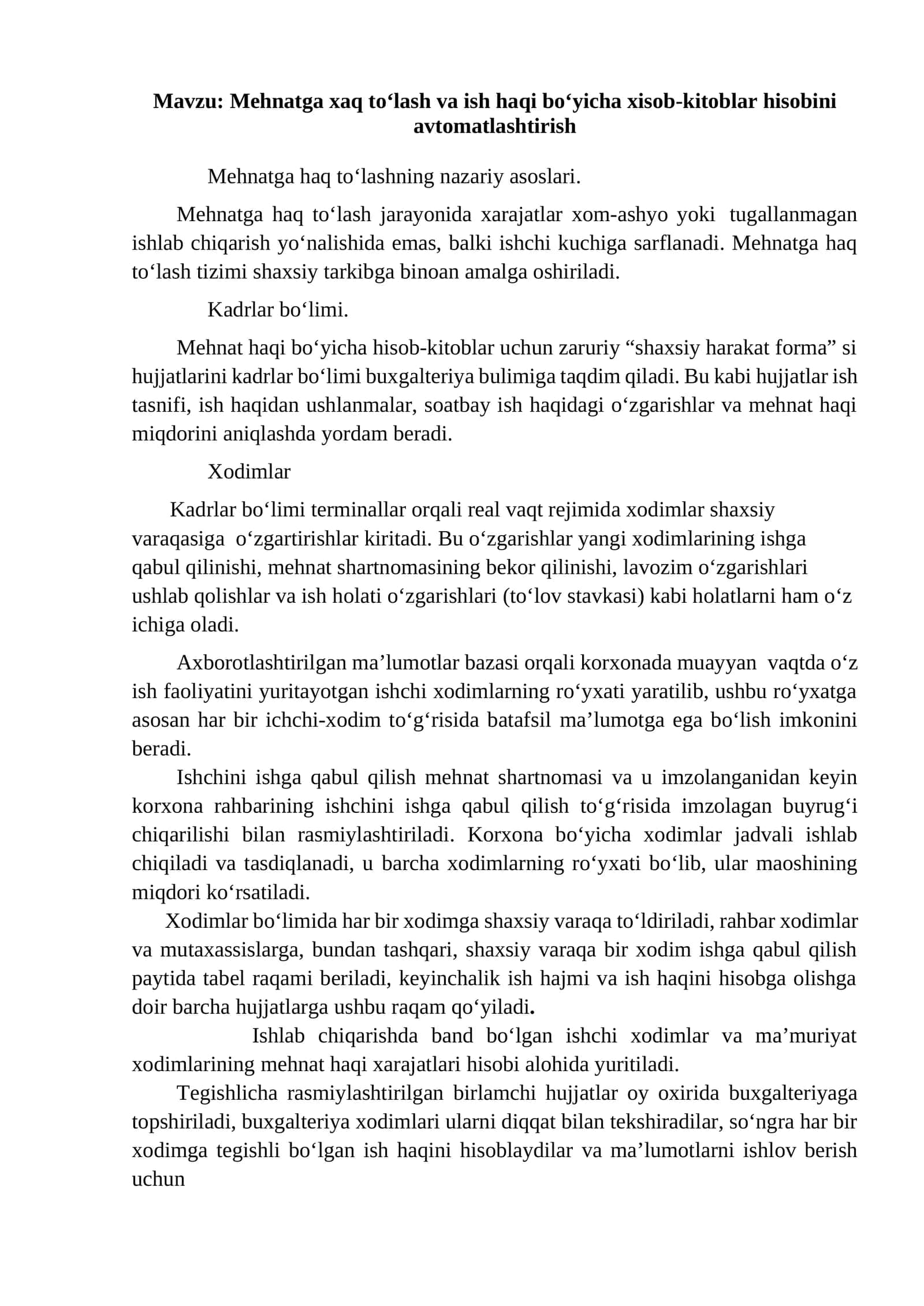 Mehnatga xaq to‘lash va ish haqi bo‘yicha xisob-kitoblar hisobini avtomatlashtirish 1