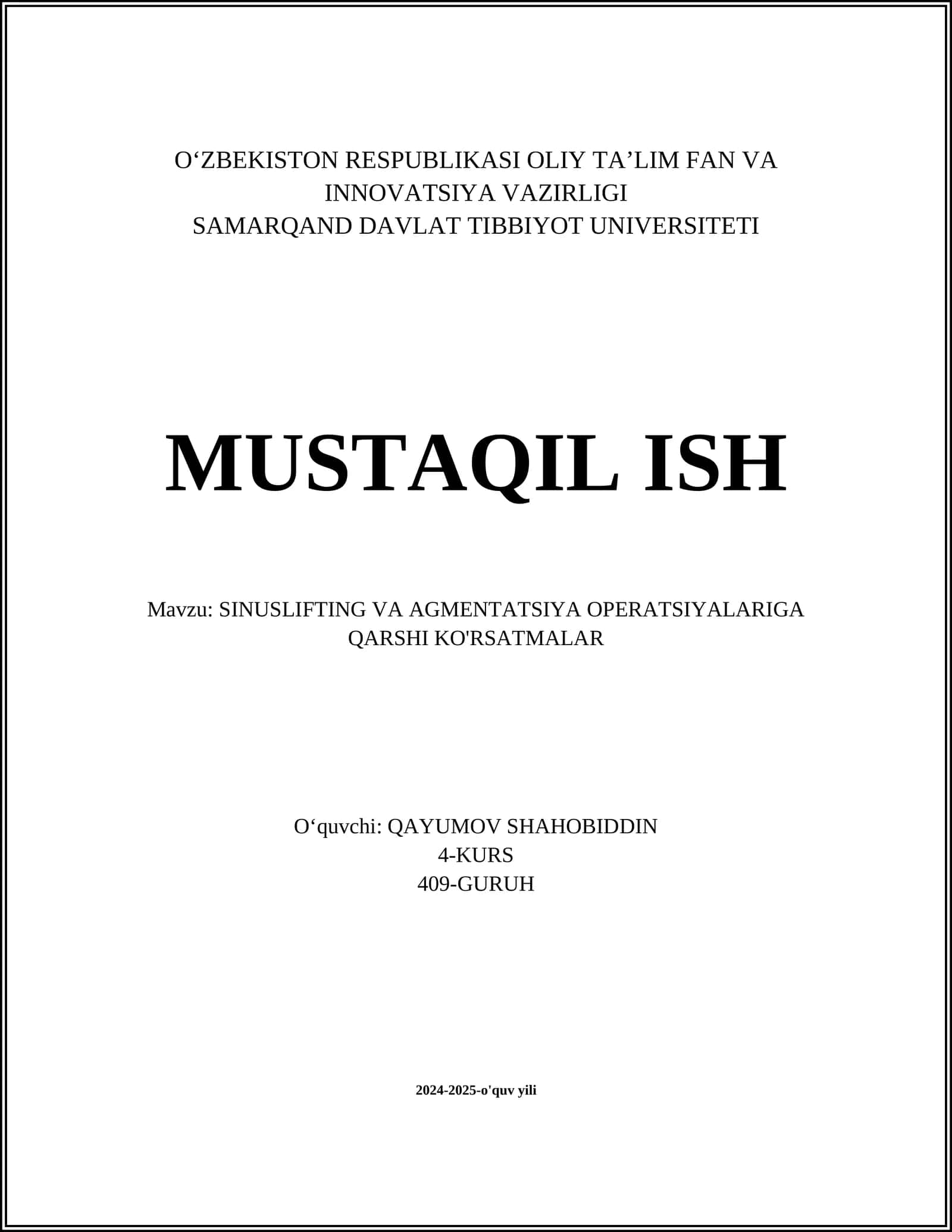 SINUSLIFTING VA AGMENTATSIYA OPERATSIYALARIGA QARSHI KO'RSATMALAR 1