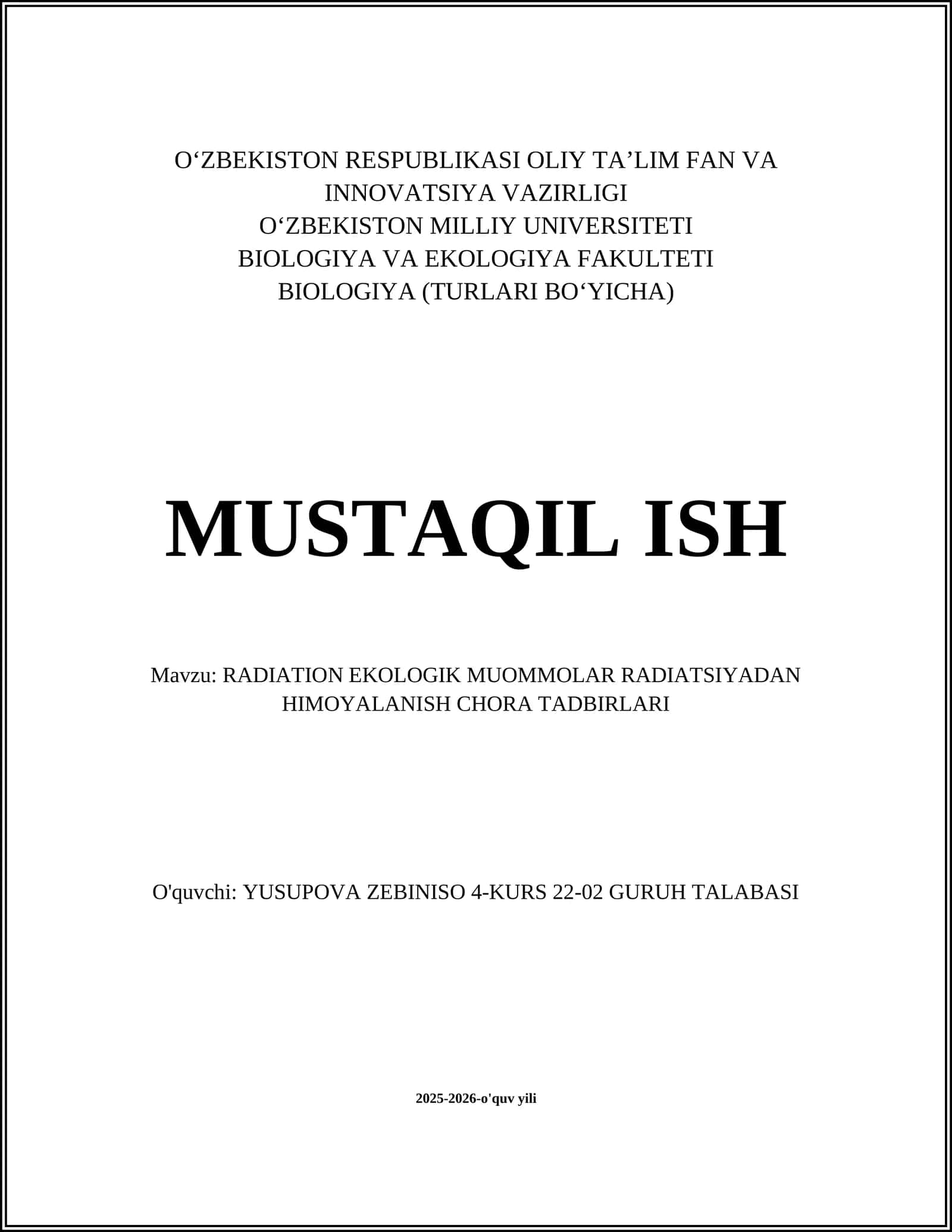 RADIATION EKOLOGIK MUOMMOLAR RADIATSIYADAN HIMOYALANISH CHORA TADBIRLARI 1