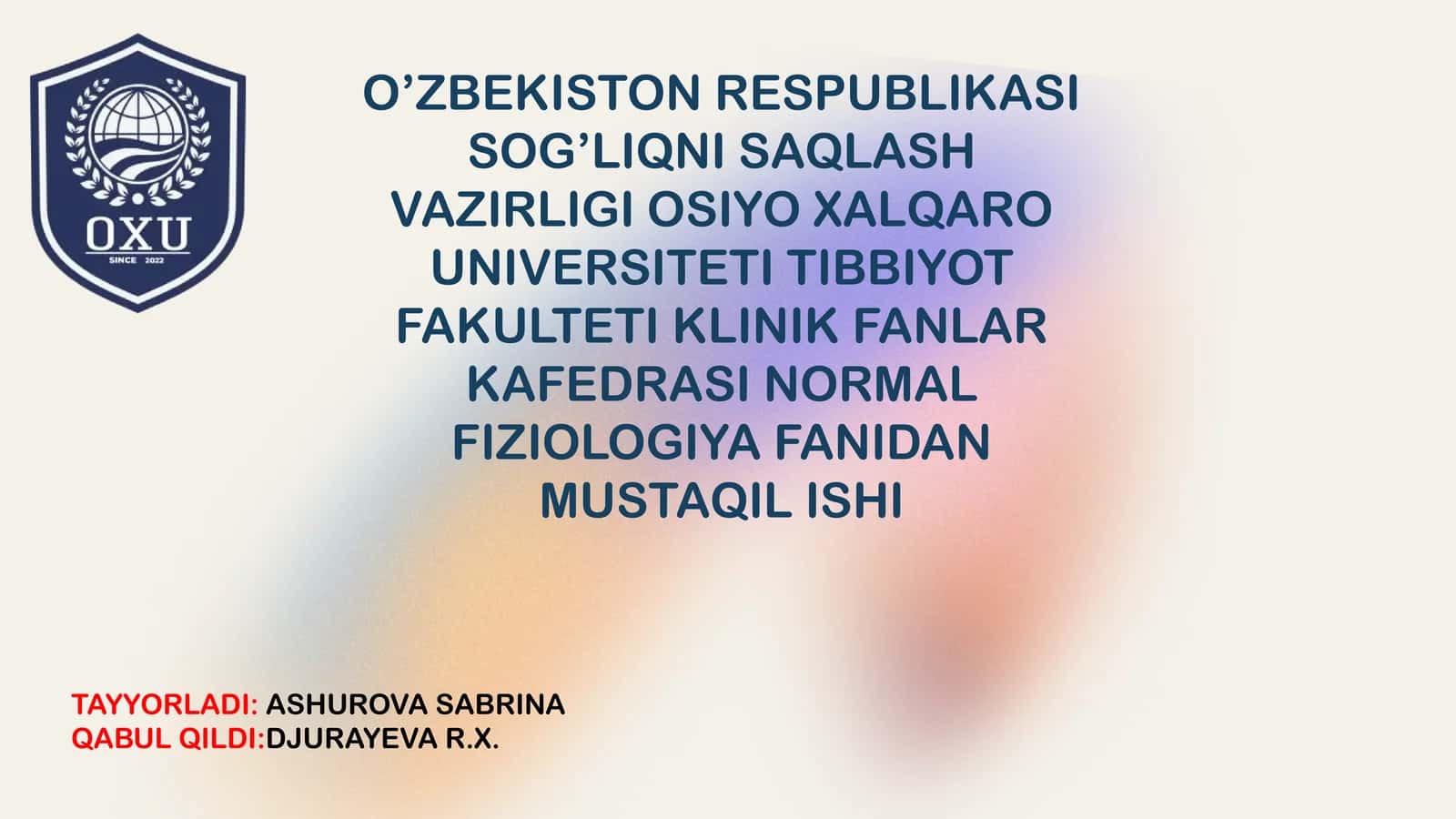 MAVZU: Fiziologiyani fizika, kimyo, biologiya, anatomiya, gistologiya, kibernetika bilan bog'liqligi. Bez to'qimasining elektrofiziologiyasi. 1