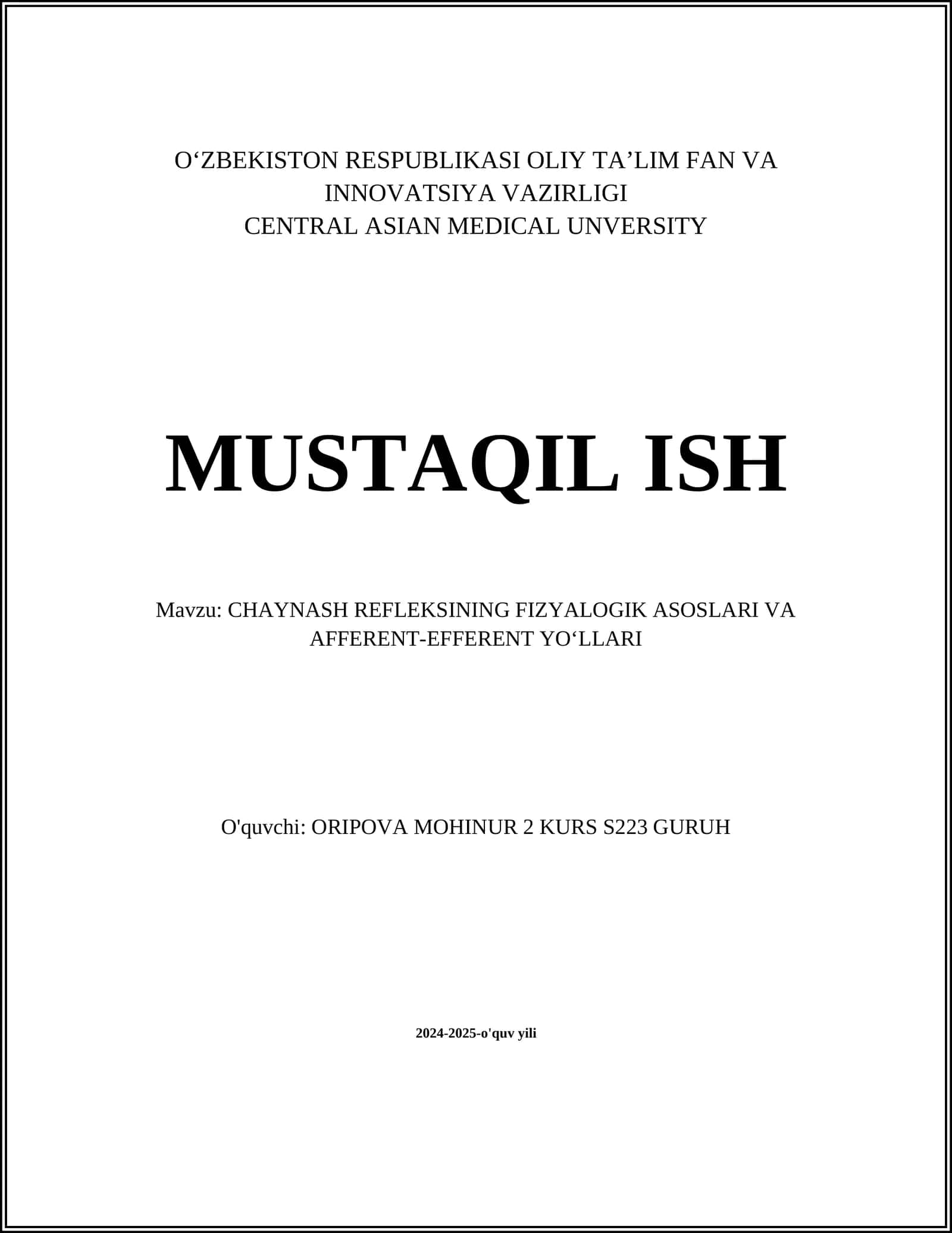 CHAYNASH REFLEKSINING FIZYALOGIK ASOSLARI VA AFFERENT-EFFERENT YOʻLLARI 1