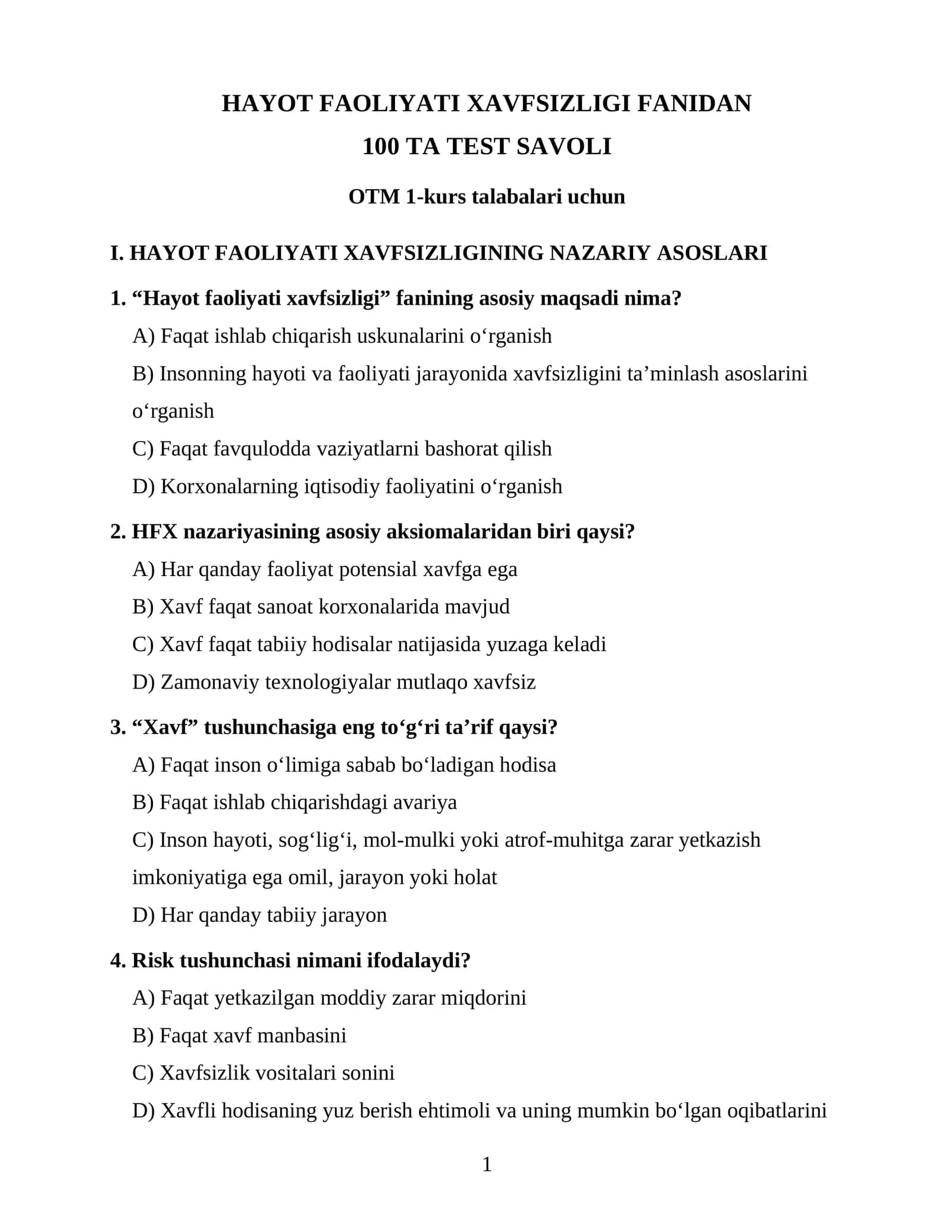 HAYOT FAOLIYATI XAVFSIZLIGI FANIDAN 100 TA TEST SAVOLI OTM 1-kurs talabalari uchun 1