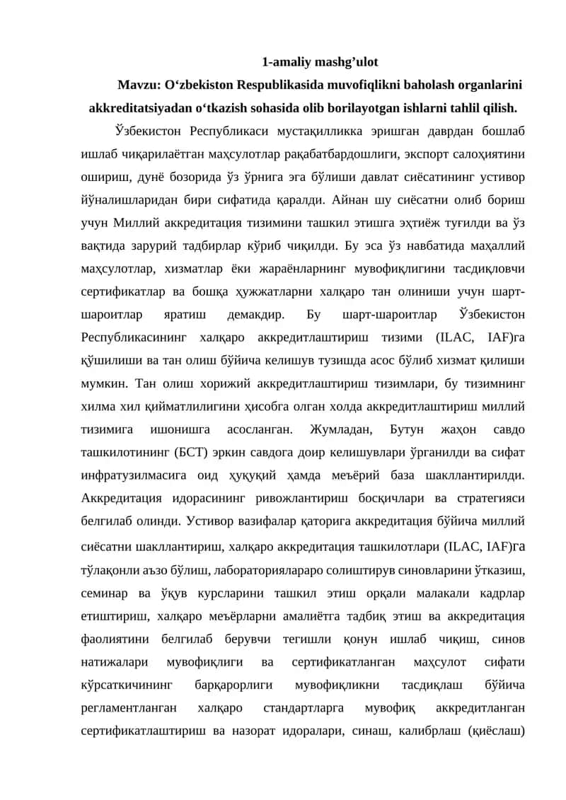 O‘zbekiston Respublikasida muvofiqlikni baholash organlarini akkreditatsiyadan o‘tkazish sohasida olib borilayotgan ishlarni tahlil qilish 1