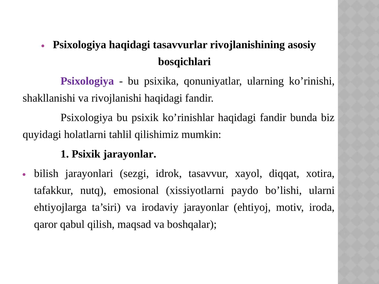 Psixologiya haqidagi tasavvurlar rivojlanishining asosiy bosqichlari 1